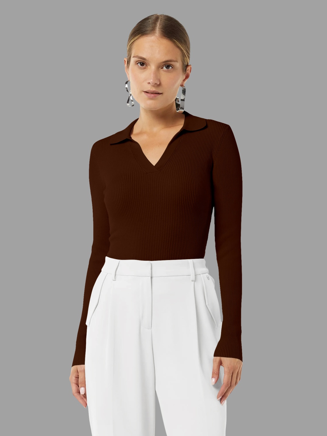 

Dream Beauty Fashion Ribbed Shirt Collar Fitted Top, Coffee brown