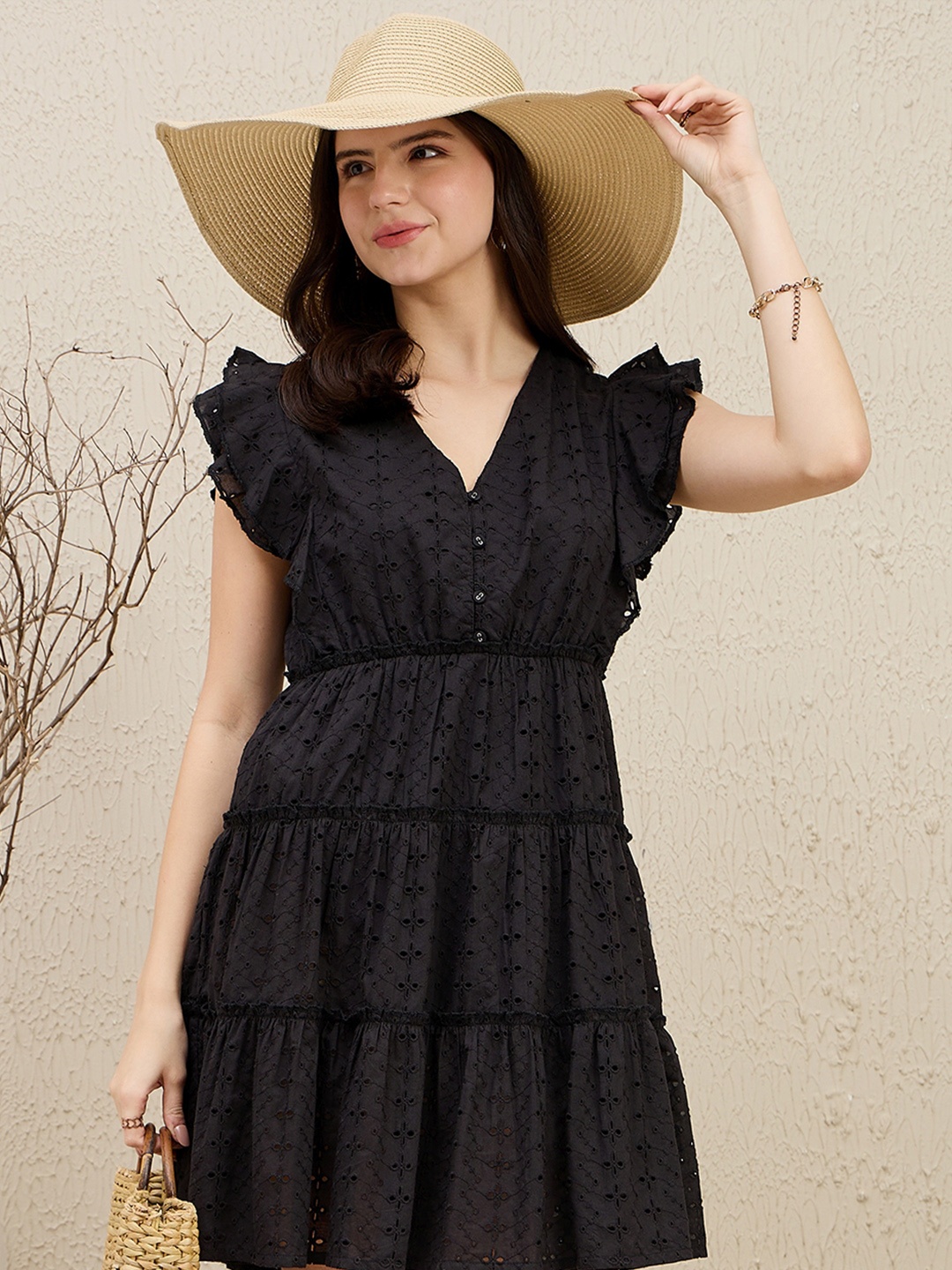 

ZUMMER Flutter Sleeve Fit & Flare Dress, Black