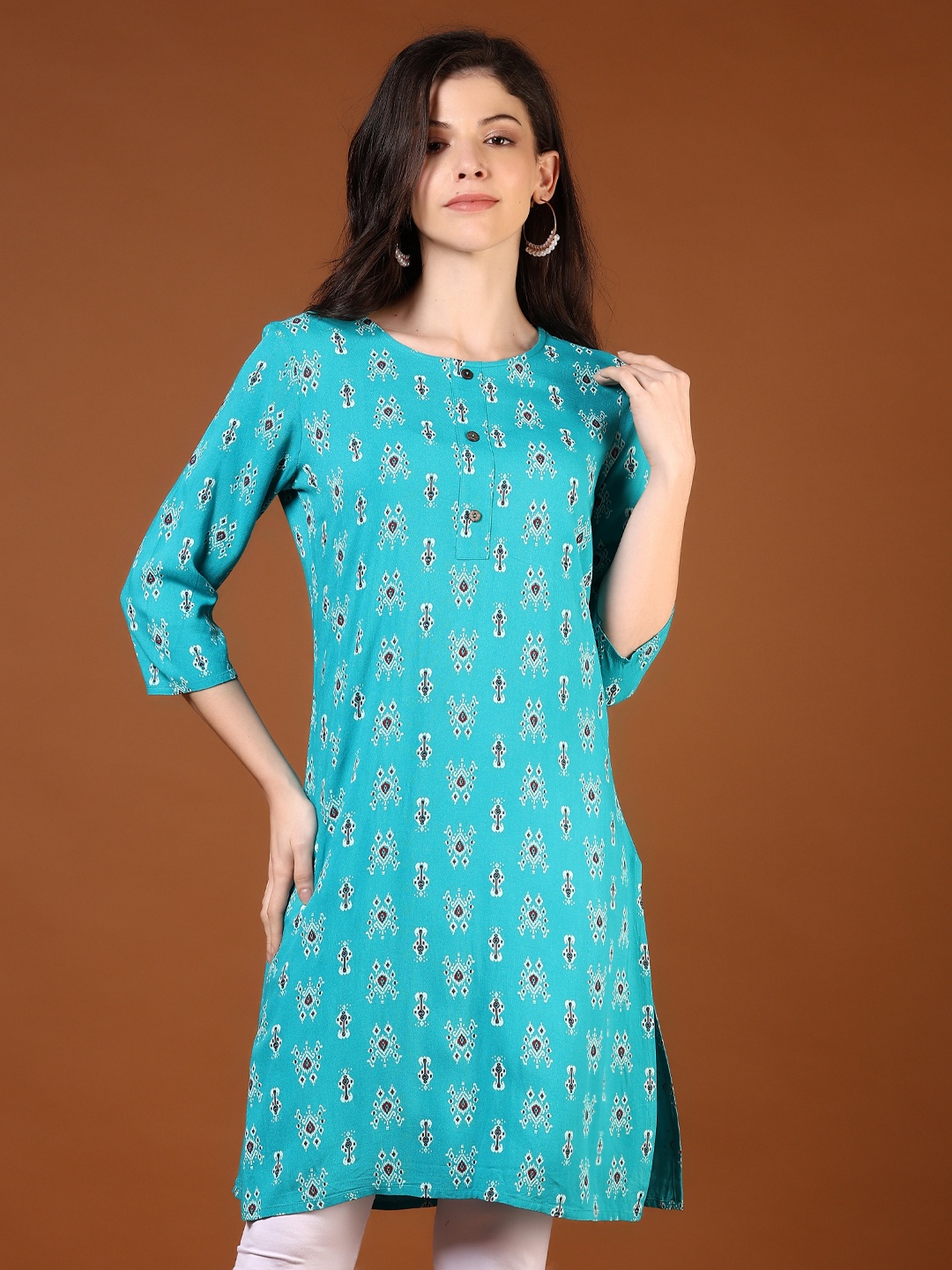 

V-Mart Women Geometric Printed Thread Work Kurta, Teal