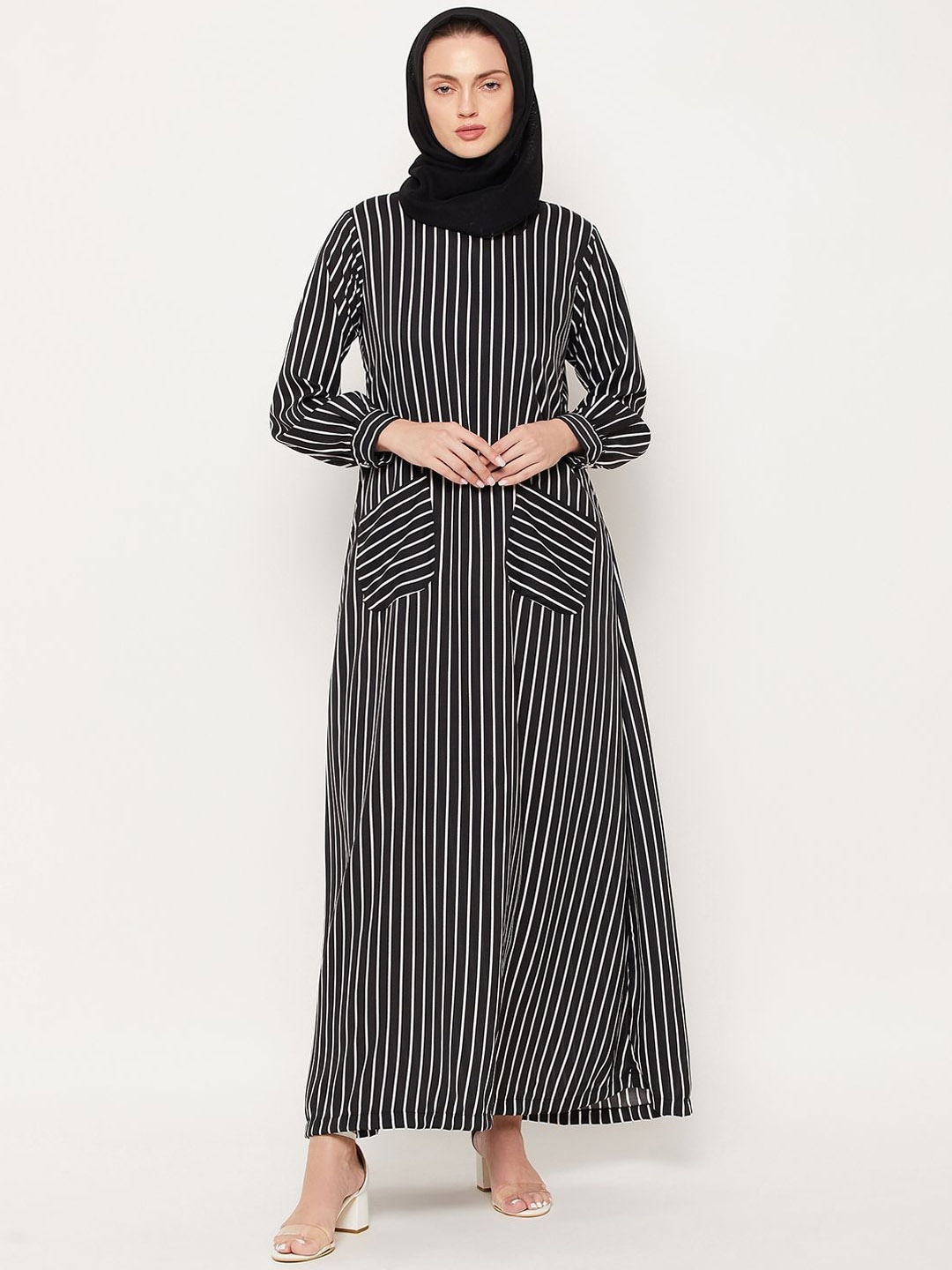 

NABIA Striped Crepe Patch Abaya Burqa, Black