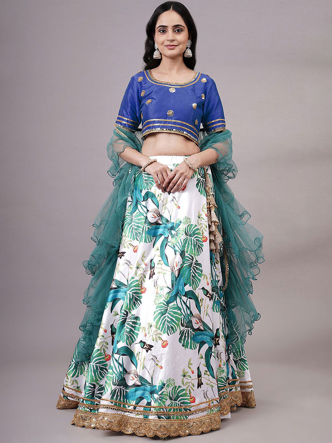 

Utsav Fashion Embroidered Mirror Work Shibori Ready to Wear Lehenga & Choli With Dupatta, White