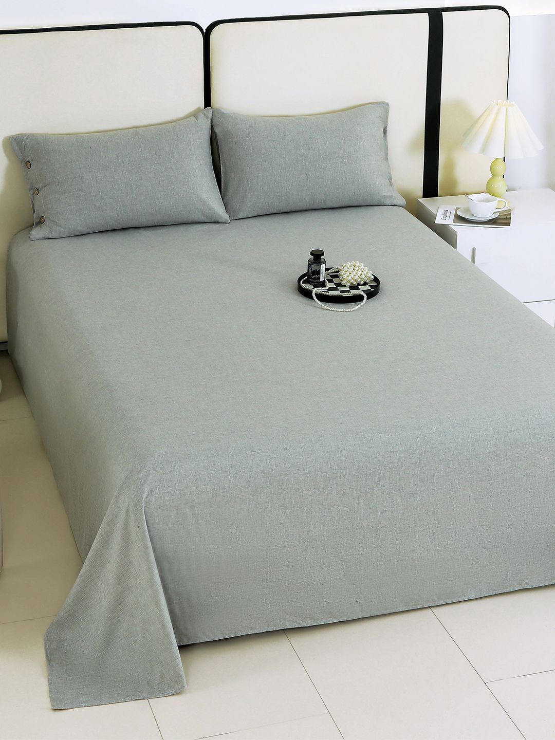 

Story@home Buttonique Grey Cotton 240 TC King Bedsheet with 2 Pillow Covers-2.5mX2.7m