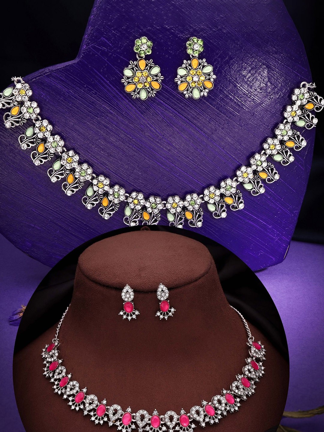 

DIVASTRI Set Of 2 Sliver Plated American Diamond Studded Jewellery Set, Silver