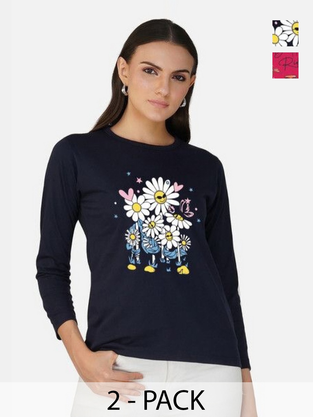 

Metronaut Women 2 Printed Bio Finish Applique T-shirt, Navy blue