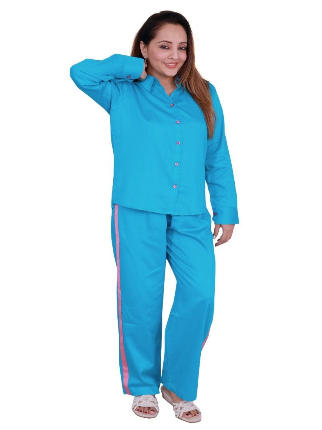 

Kaajal by Vidhi Colourblocked Printed Shirt Collar Shirt With Trousers, Blue