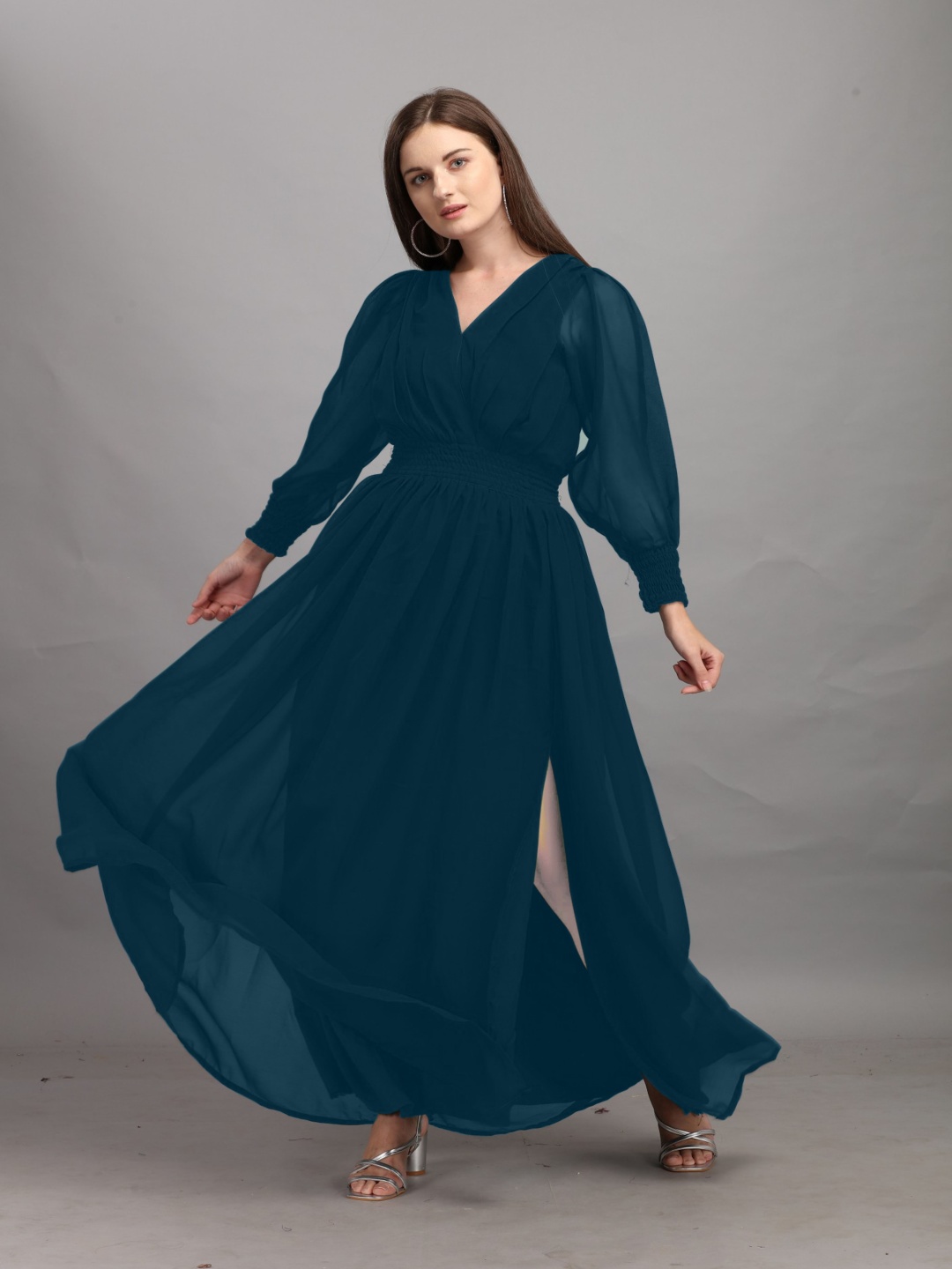 

Jash Creation Applique Georgette Fit & Flare Maxi Dress, Blue