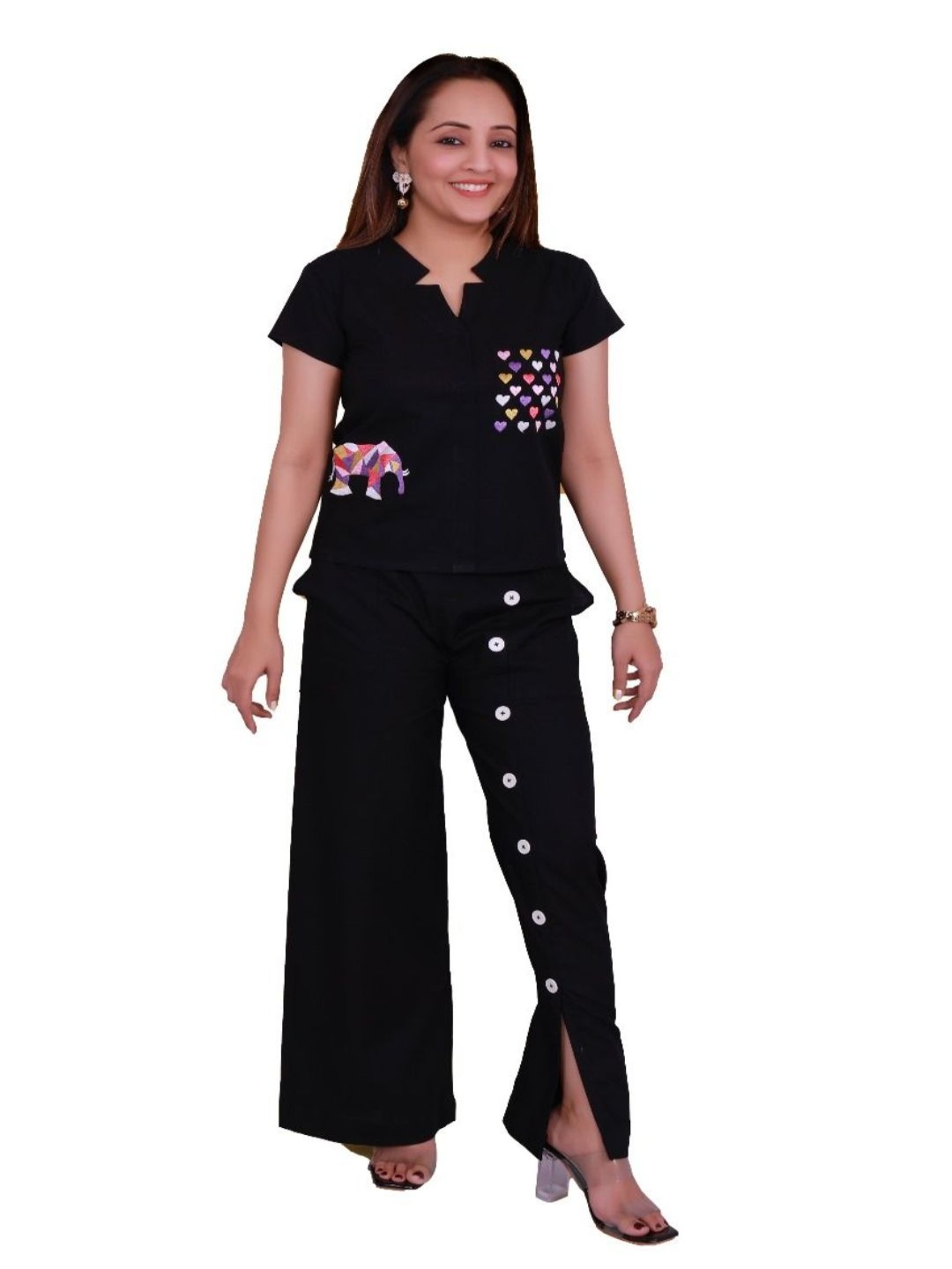 

Kaajal by Vidhi Geometric Embroidered Notch Neck Top With Trousers, Black