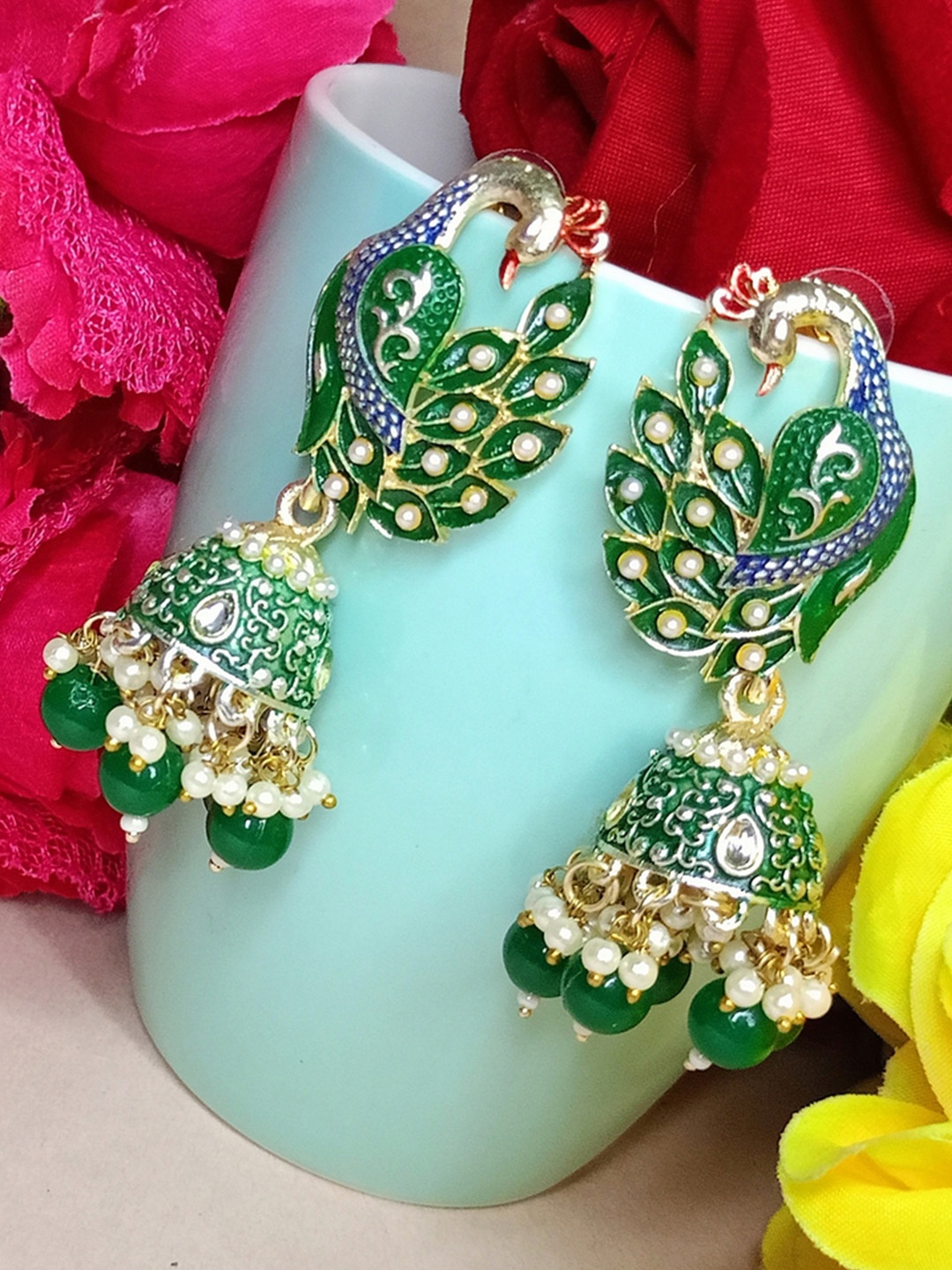 

DIVASTRI Artificial Beads Peacock Shaped Jhumkas Earrings, Green