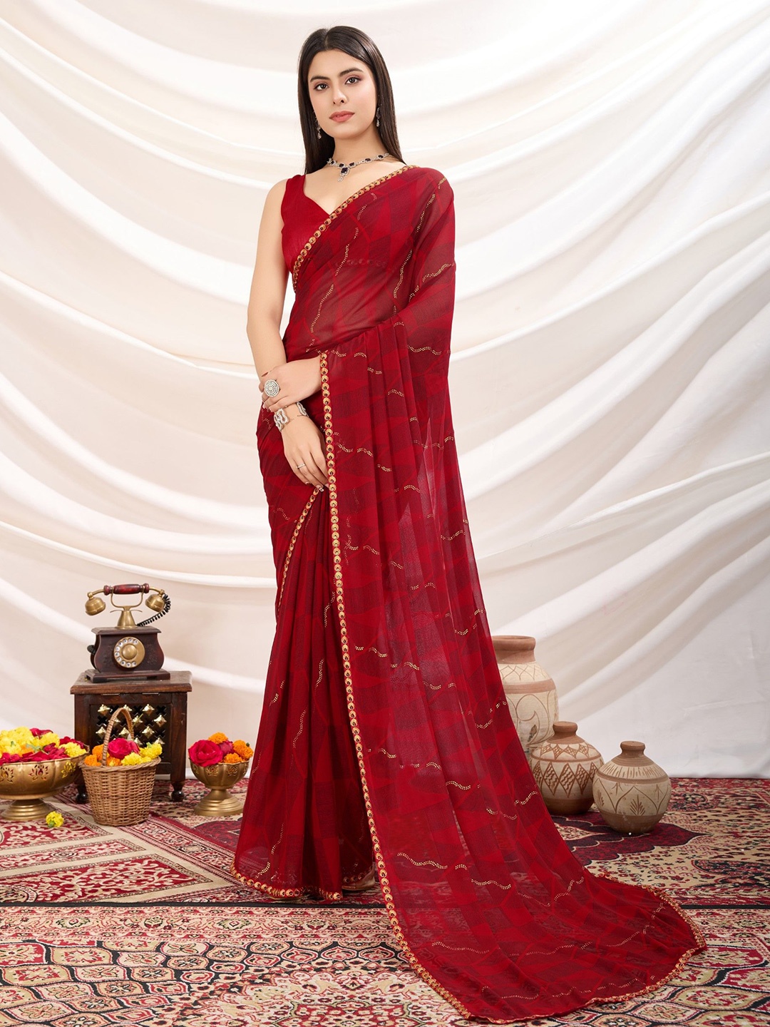 

DIVASTRI Polka Dot Poly Georgette Saree, Red
