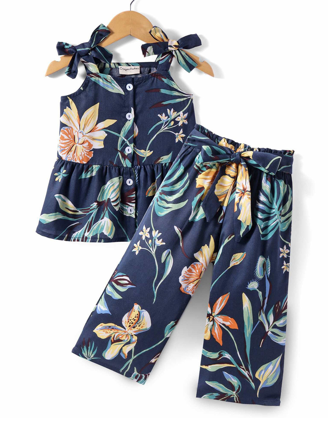 

CrayonFlakes Girls Printed Top with Palazzos, Navy blue