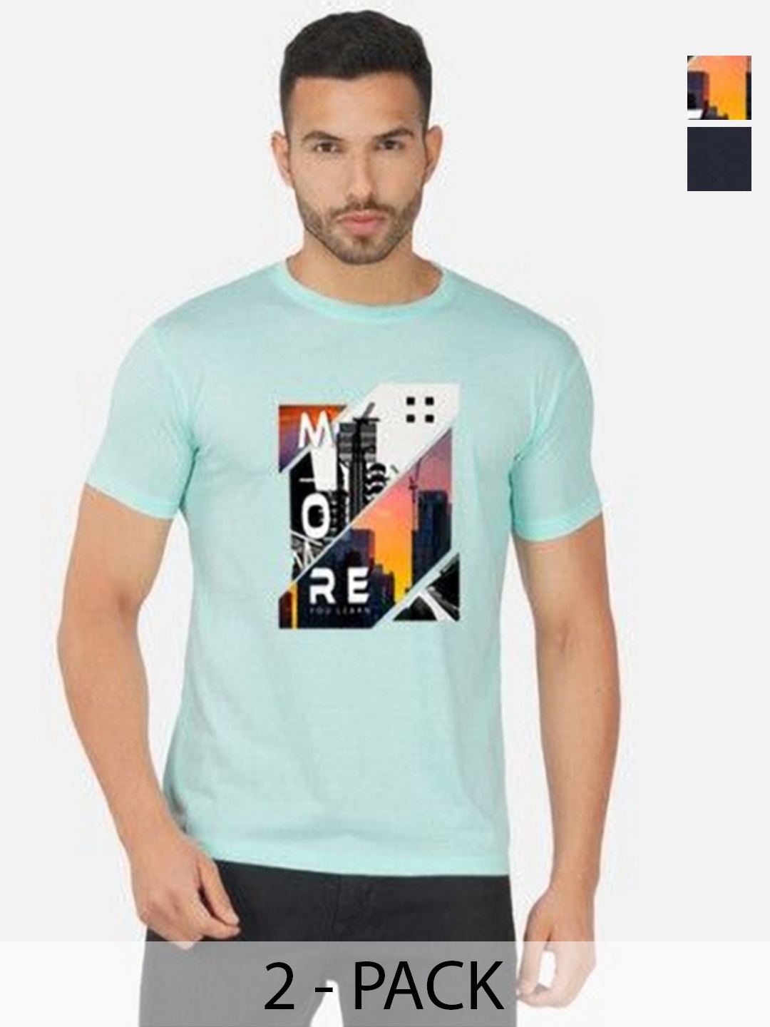 

GLOBAL NOMAD Men 2 Printed Bio Finish Applique T-shirt, Turquoise blue