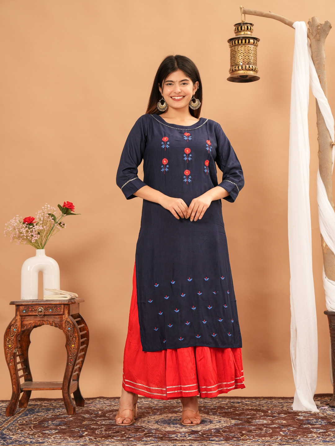 

Mehsoos Women Ethnic Motifs Embroidered Regular Thread Work Kurta with Skirt, Navy blue