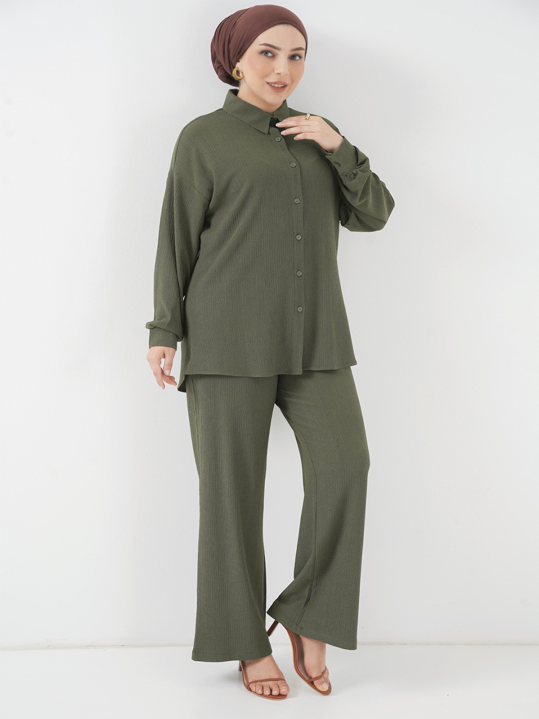 

BIGDART Shirt Collar Long Sleeve Shirt With Trouser Co-Ords, Khaki