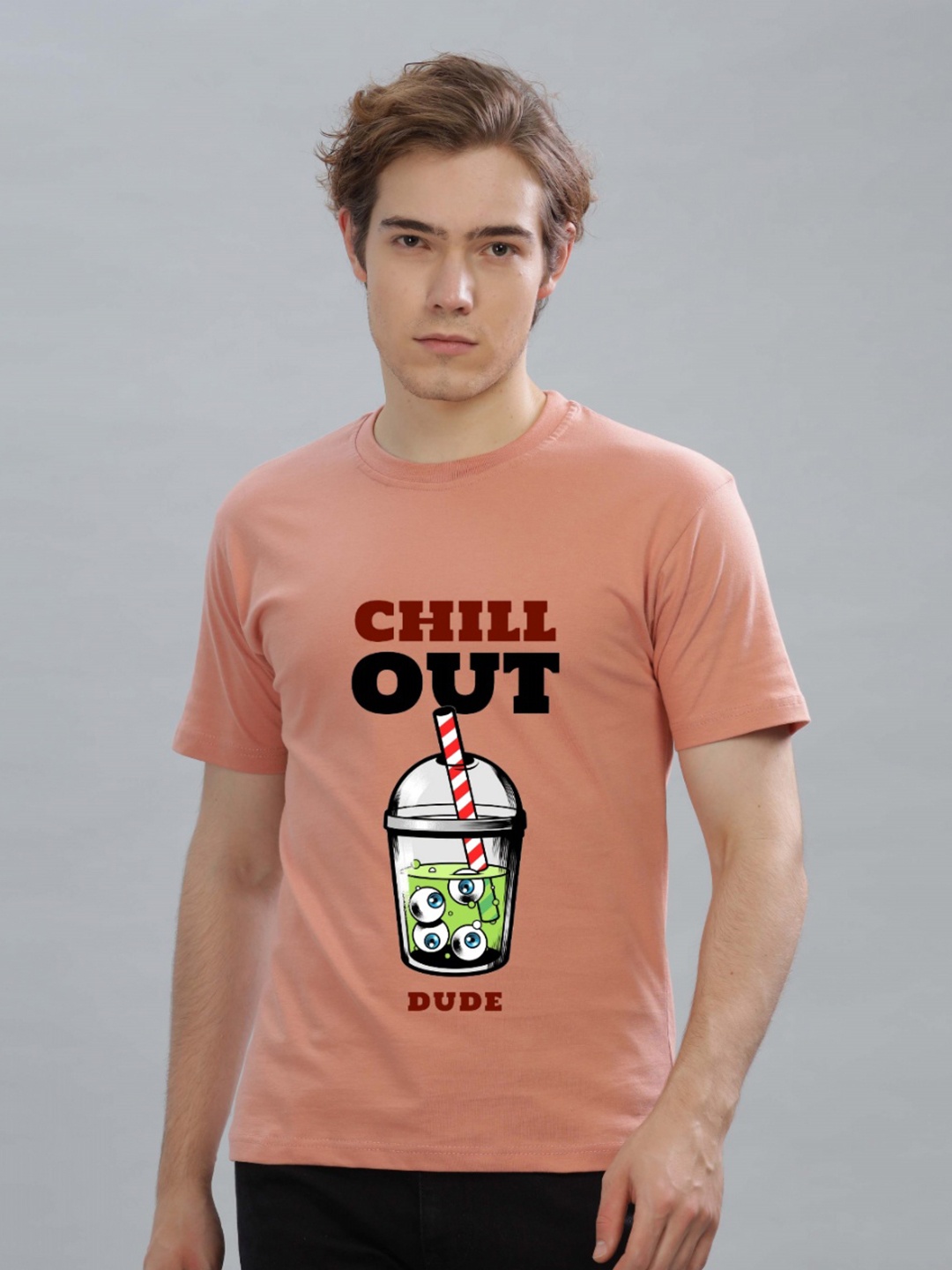 

FALTU.CO Men Printed Drop-Shoulder Sleeves Pure Cotton T-shirt, Peach
