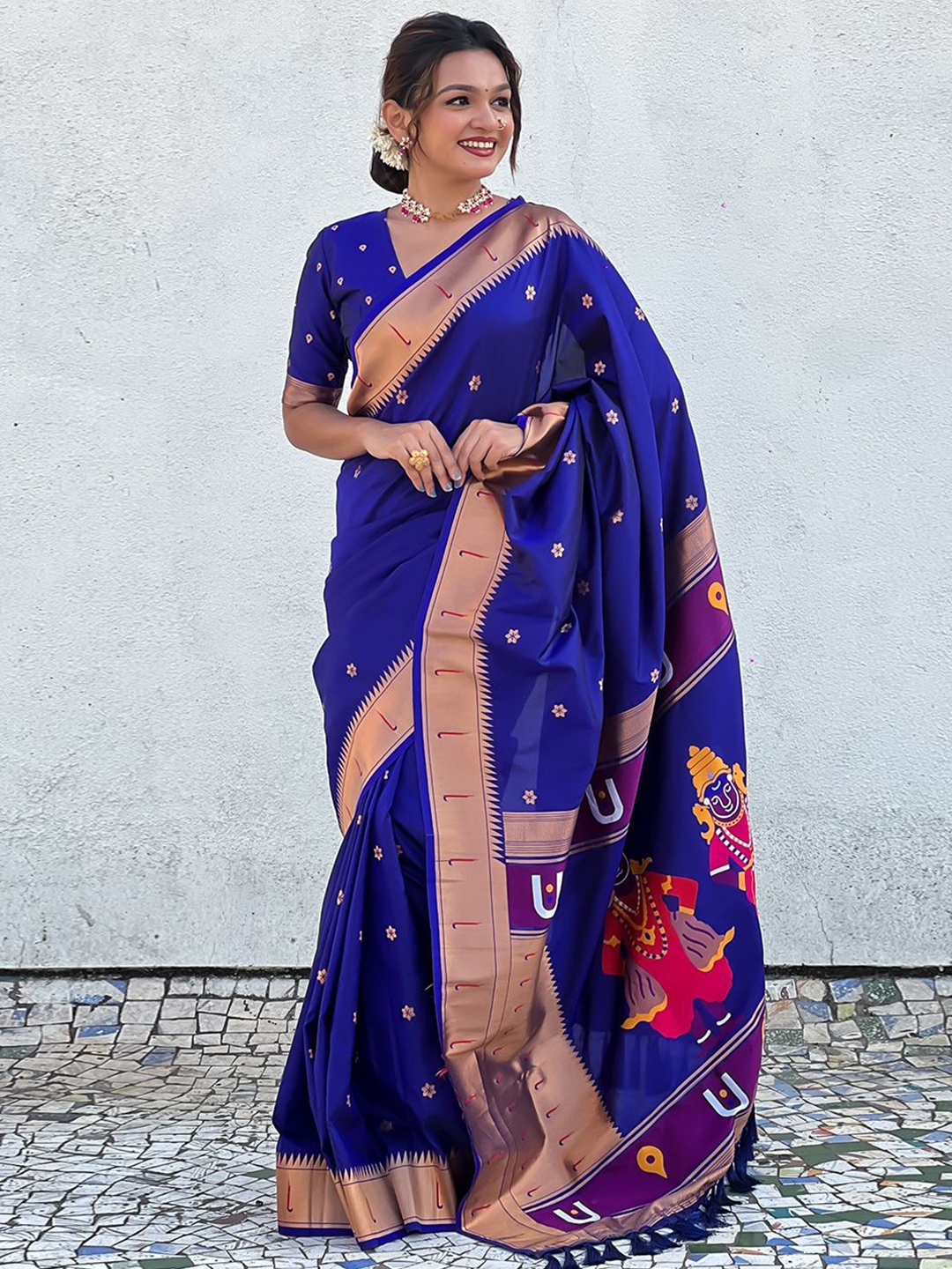 

all about you Woven Design Zari Silk Blend Paithani Saree, Violet