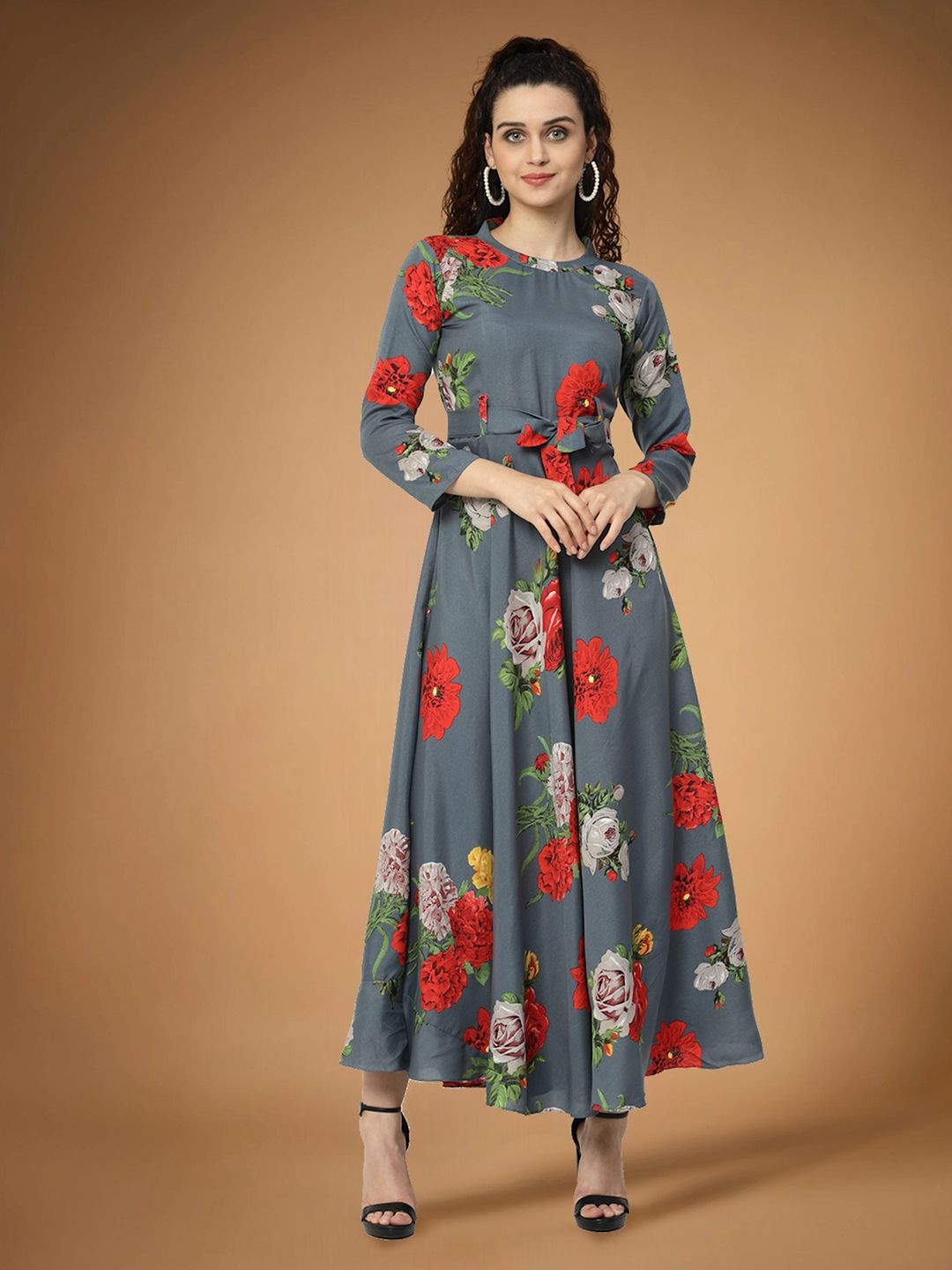 

Moda Rapido Floral Print Applique Fit & Flare Dress, Grey