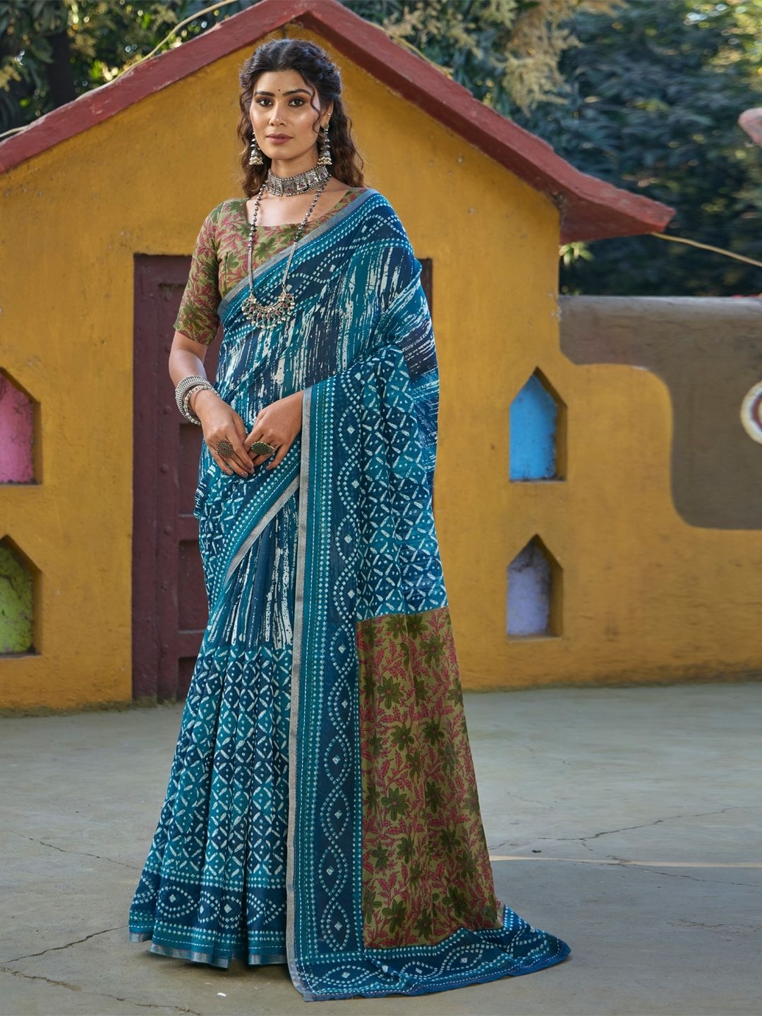 

CHUDIYA Batik Zari Pure Cotton Saree, Teal
