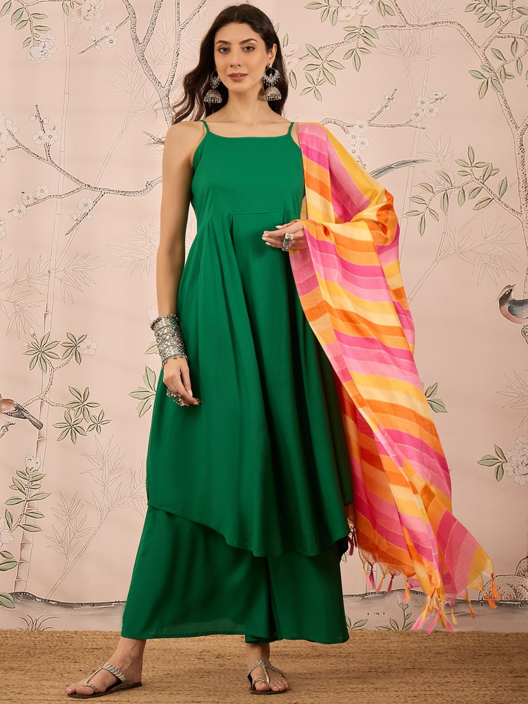 

InWeave Women Pleated Kurta with Palazzos & With Dupatta, Green