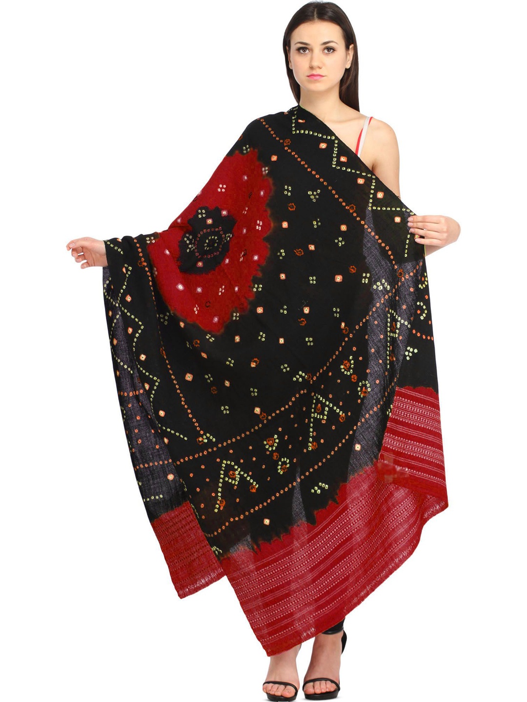 

Exotic India Women Bandhani Embroidered Shawl, Black