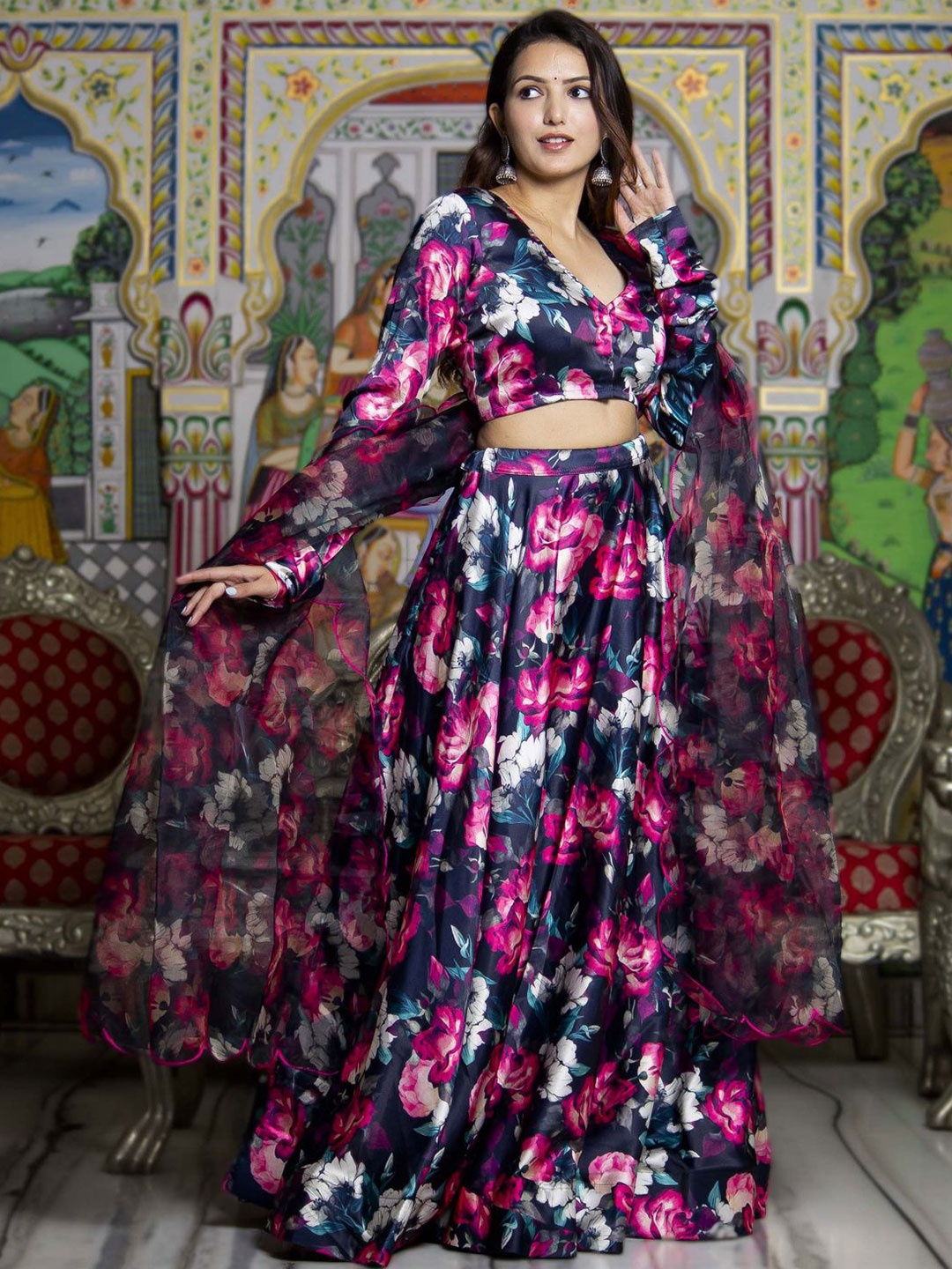 

Bannhi Printed Ready to Wear Lehenga & Blouse With Dupatta, Black