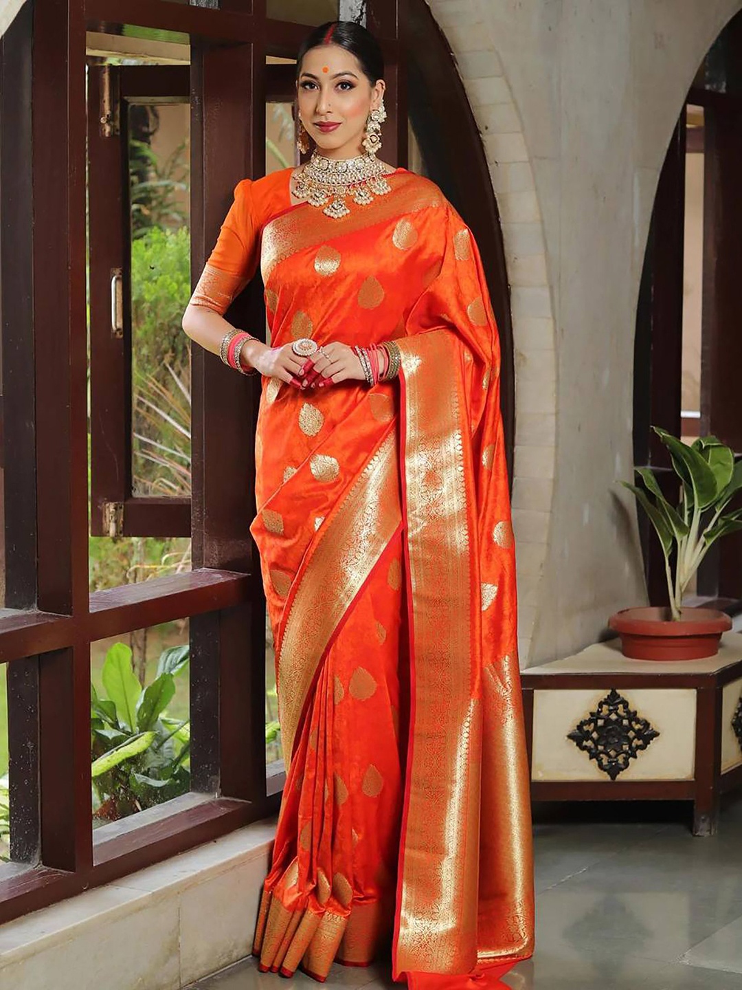 

KALINI Woven Design Zari Silk Blend Banarasi Saree, Orange