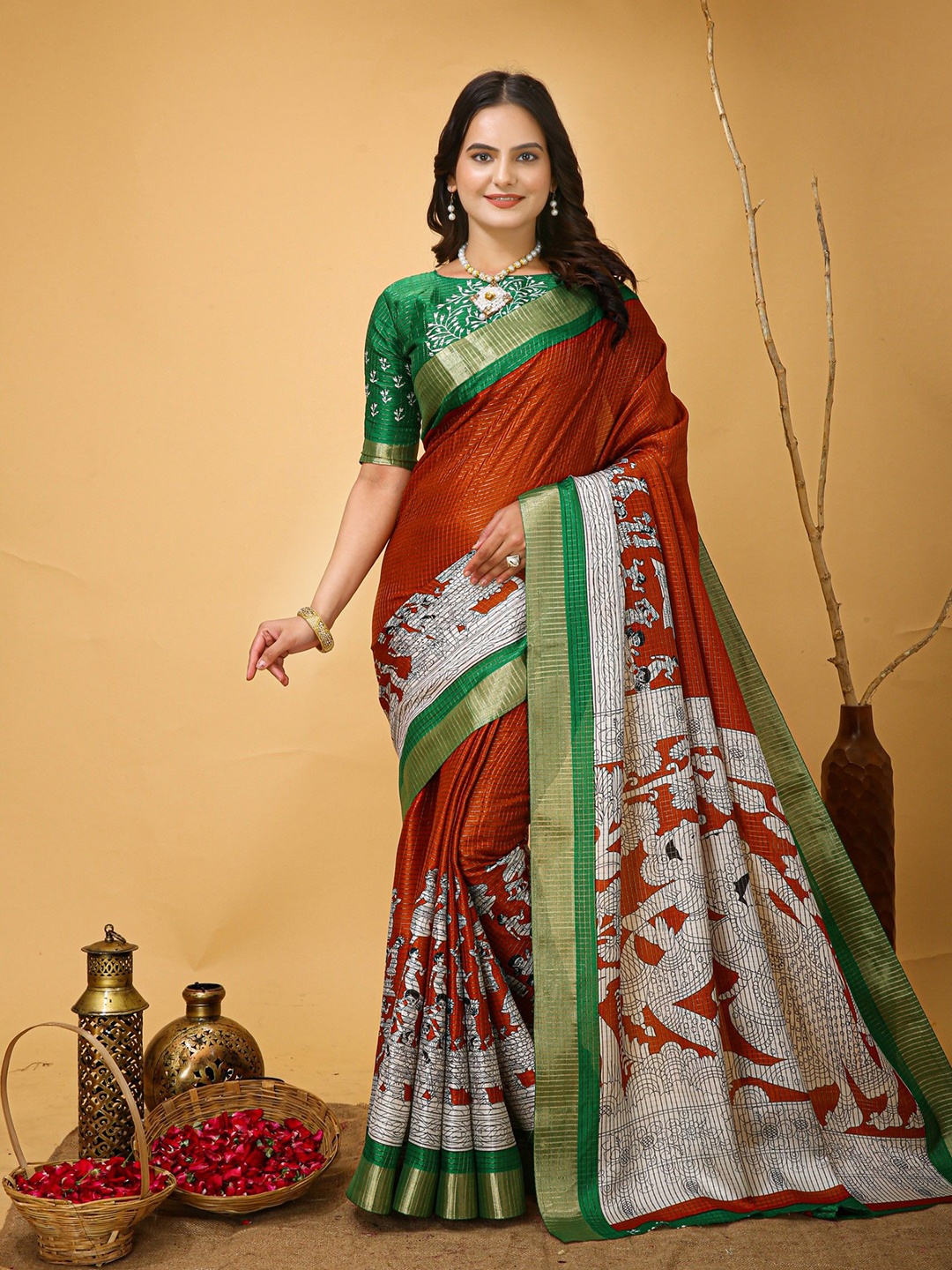

Rangtulika Ethnics Kalamkari Zari Saree, Orange