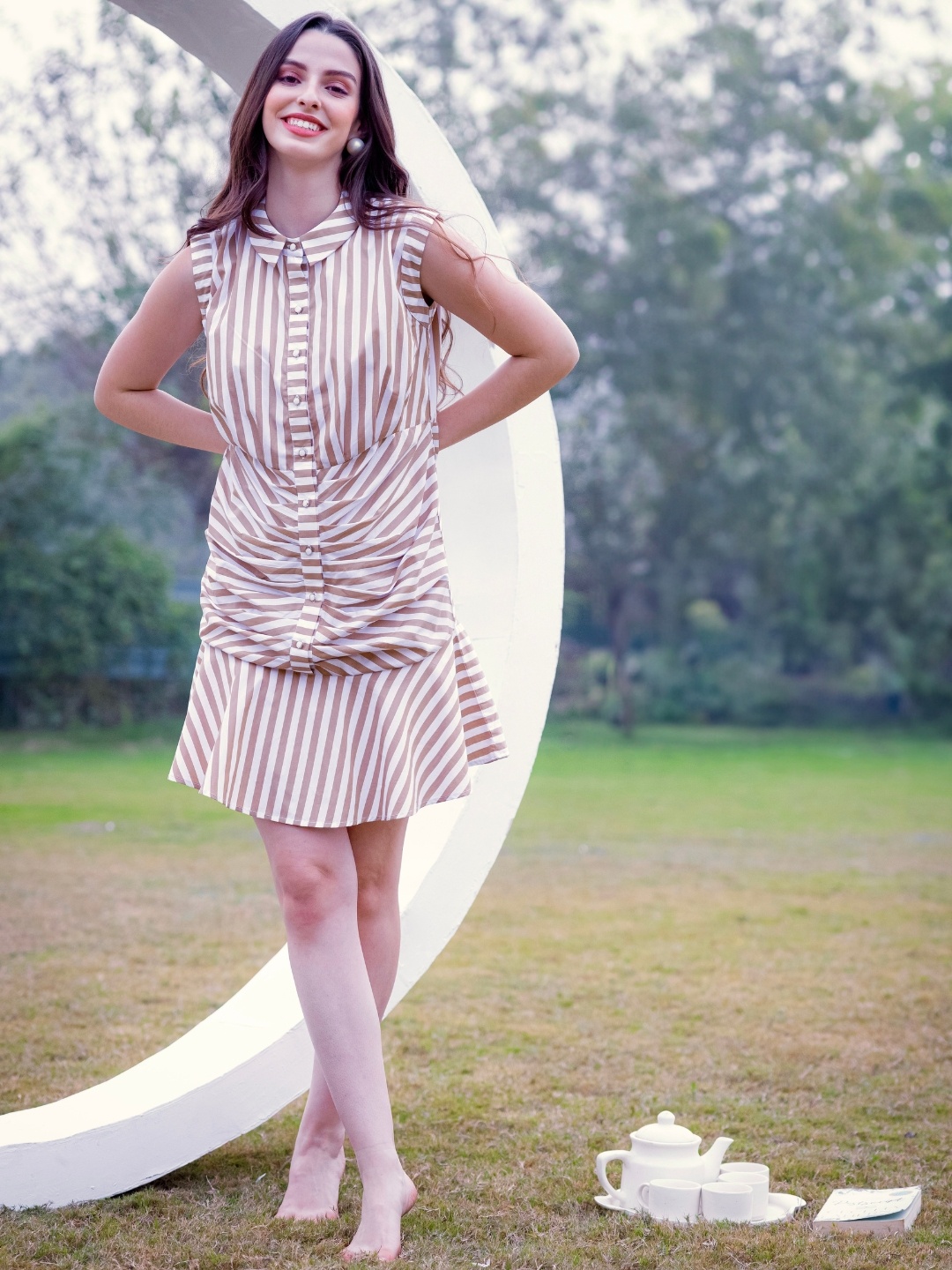 

JULO Striped A-Line Mini Dress, Beige