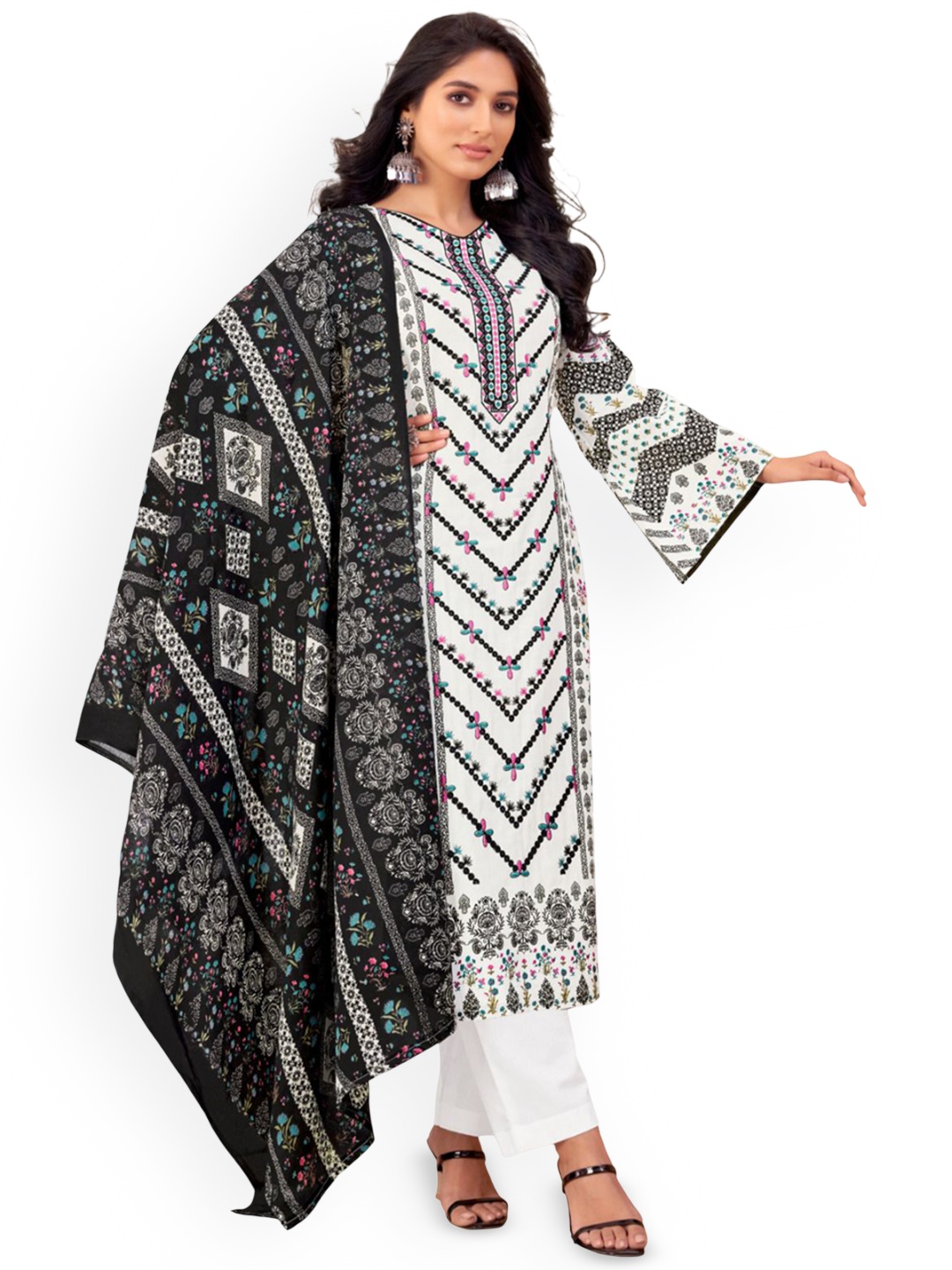 

DRAVINAM Trends Embroidered Pure Cotton Unstitched Dress Material, White