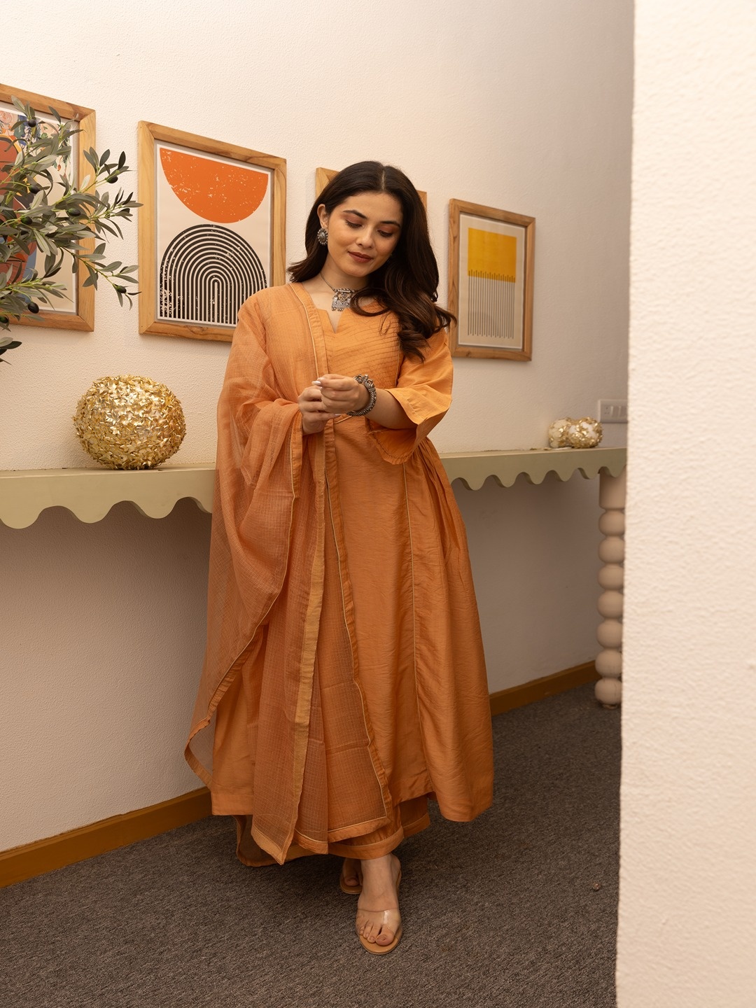 

ASRUMO Women Yoke Design Regular Thread Work Kurta with Trousers & With Dupatta, Orange