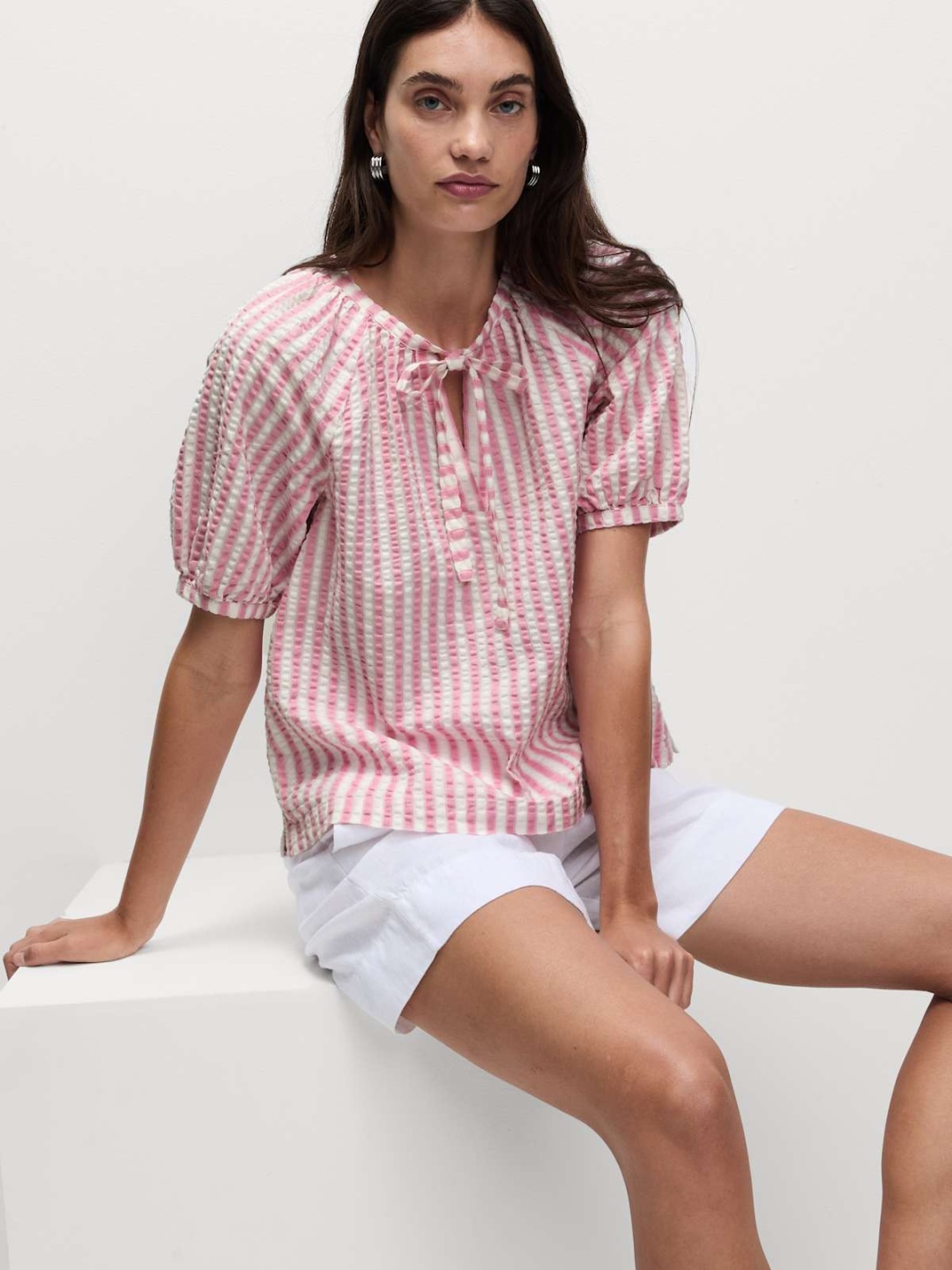 

Marks & Spencer Striped Tie-Up Neck Puff Sleeve Cotton Top, Pink