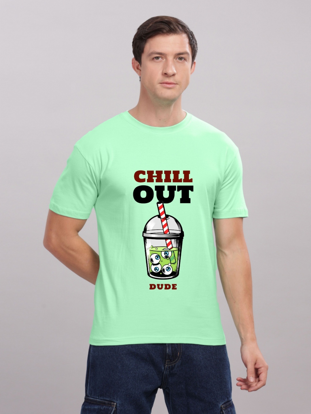 

FALTU.CO Men Printed Drop-Shoulder Sleeves Pure Cotton T-shirt, Sea green