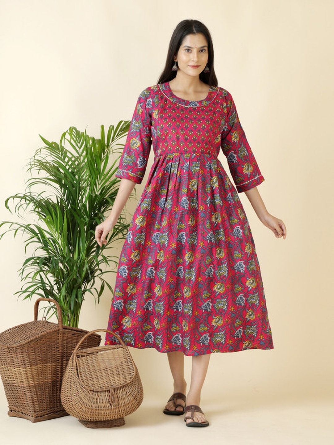 

Moda Rapido Floral Printed Cotton Fit and Flare Maternity Ethnic Dress, Red