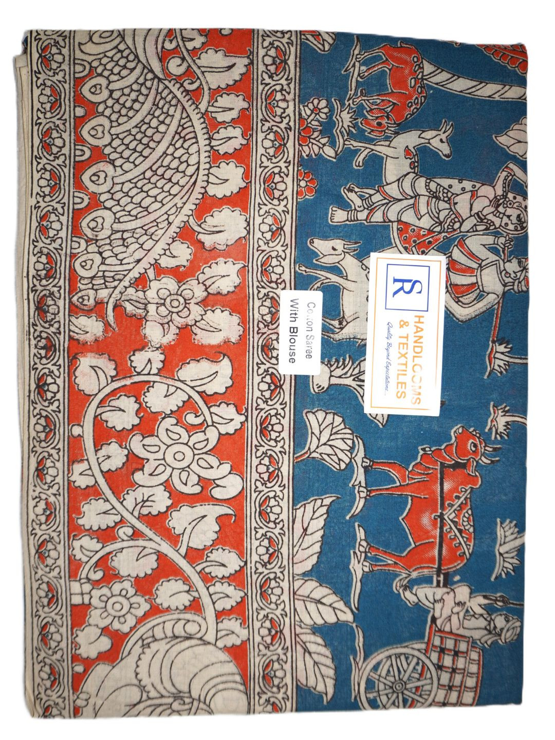 

SR HANDLOOMS AND TEXTILES Kalamkari Pure Cotton Saree, Blue