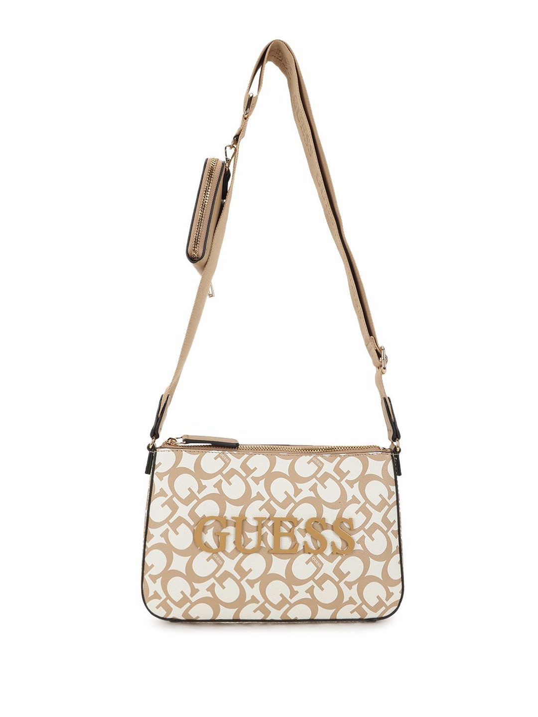 

GUESS Printed PU Shoulder Bag with Cut Work, Beige