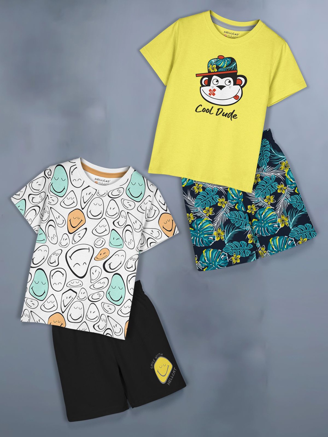 

HELLCAT Girls Pack Of 2 Printed Round Neck T-shirt With Shorts, Yellow
