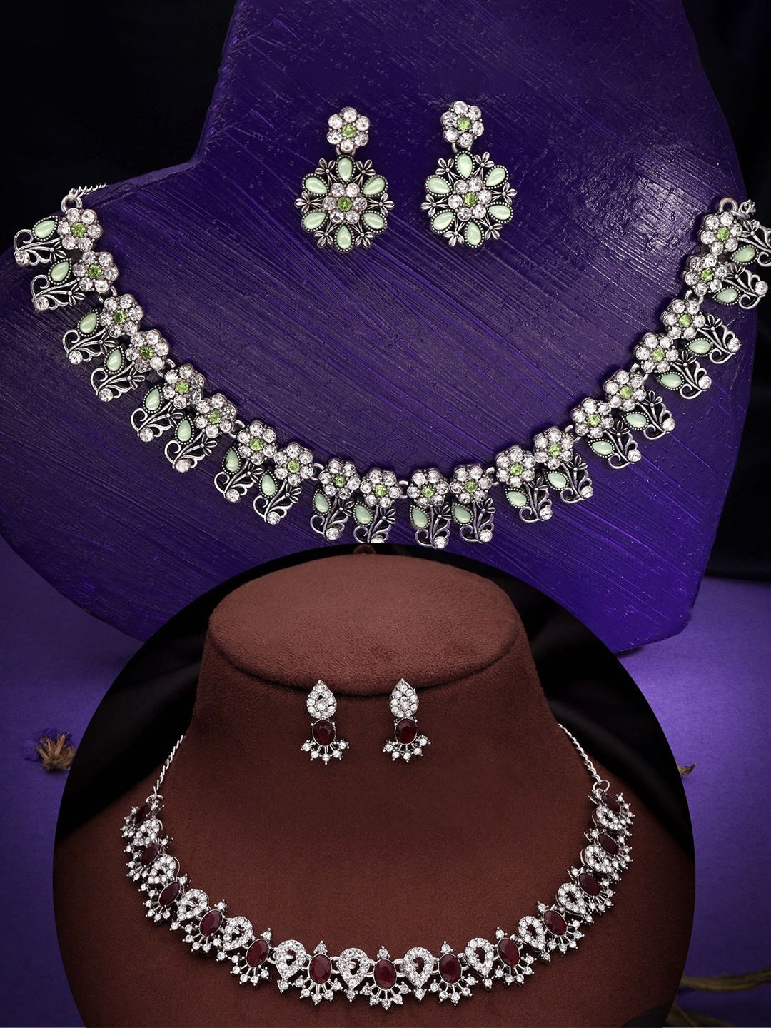 

DIVASTRI Set Of 2 Silver-Plated American Diamond Studded Jewellery Sets
