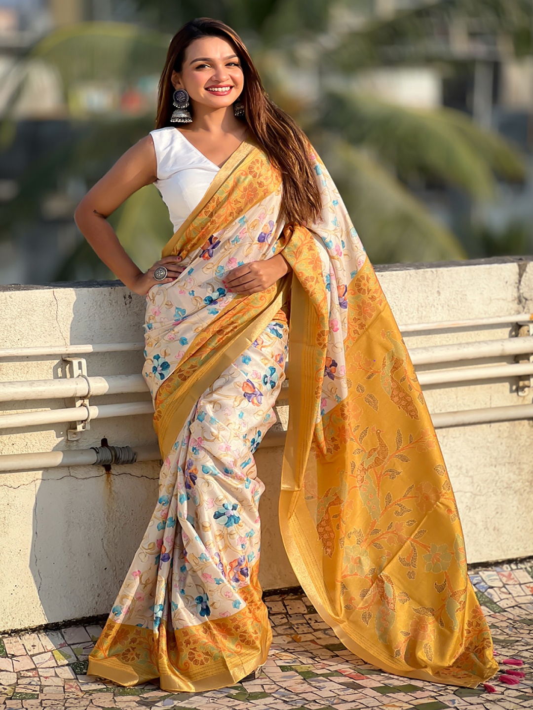 

all about you Floral Zari Silk Blend Tussar Saree, Cream