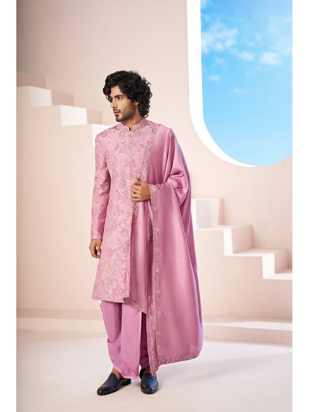 

HILO DESIGN Embroidered Pure Silk Velora Sherwani Set, Mauve