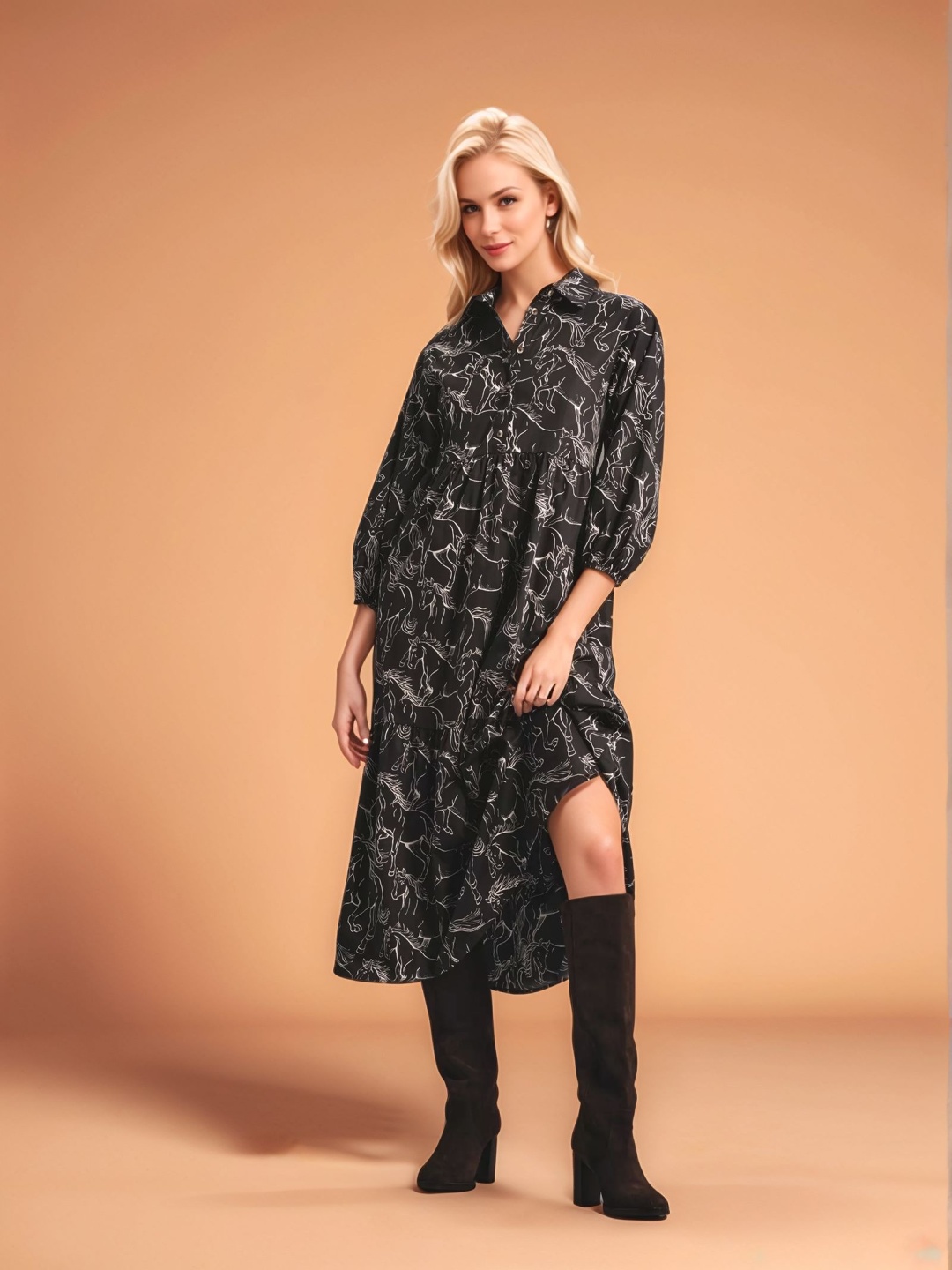

DressBerry Women Graphic Printed Below-Knee Dress, Black
