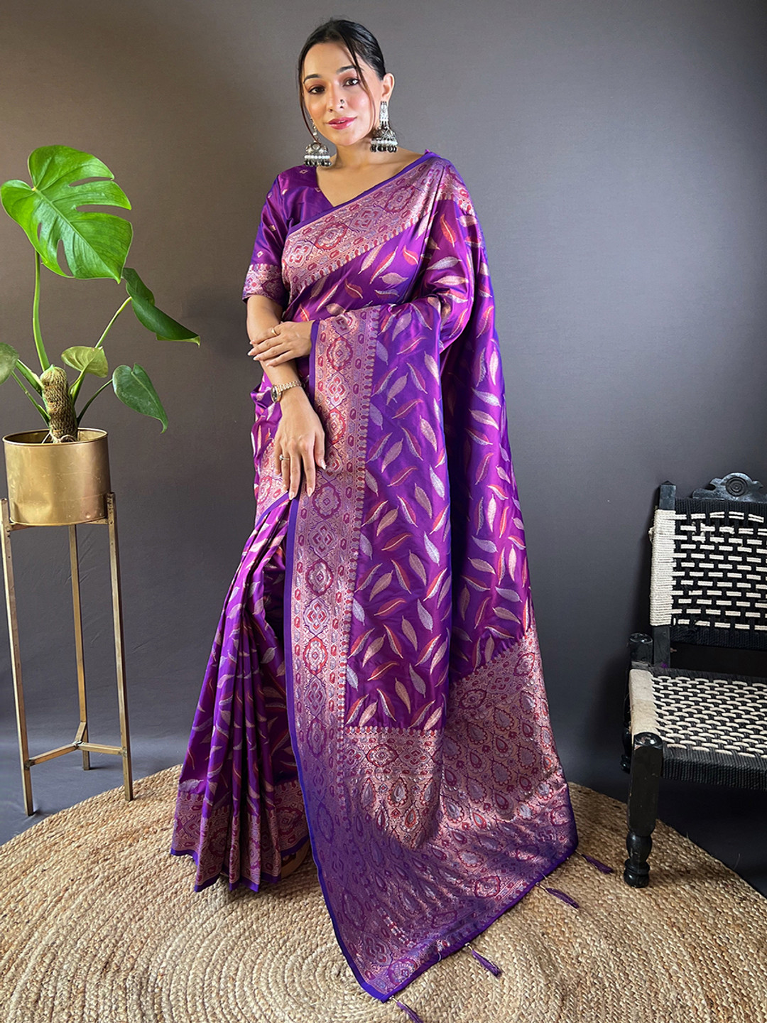 

all about you Woven Design Zari Silk Blend Banarasi Saree, Purple
