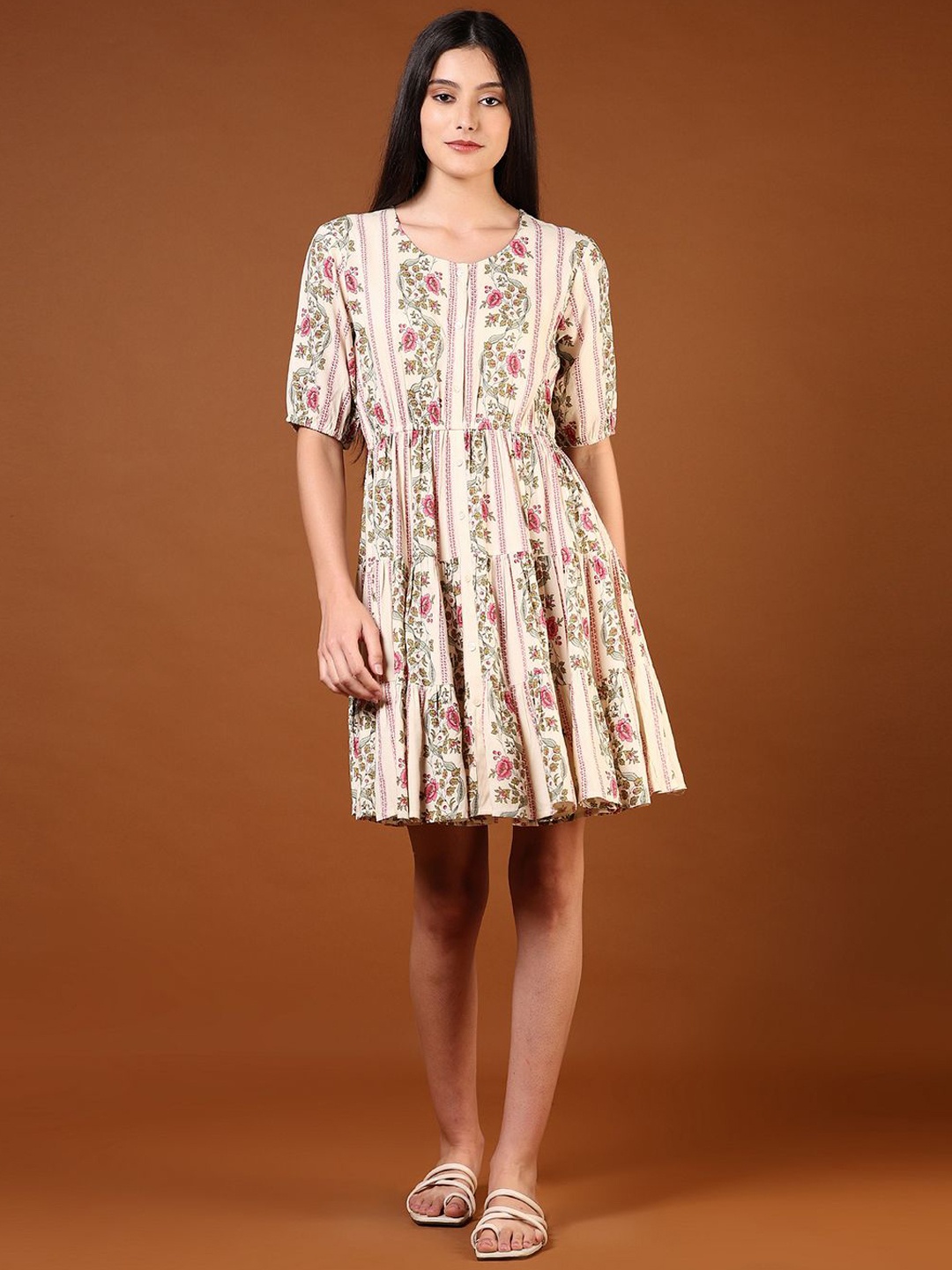 

V-Mart Floral Printed Flared Knee Length Dress, Off white
