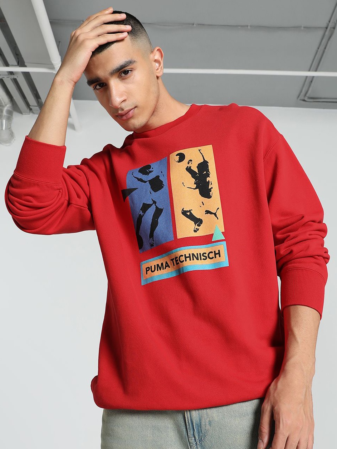 

Puma GRAPHICS Technisch Printed Cotton Relaxed Fit Crew-Neck Sweatshirt, Red