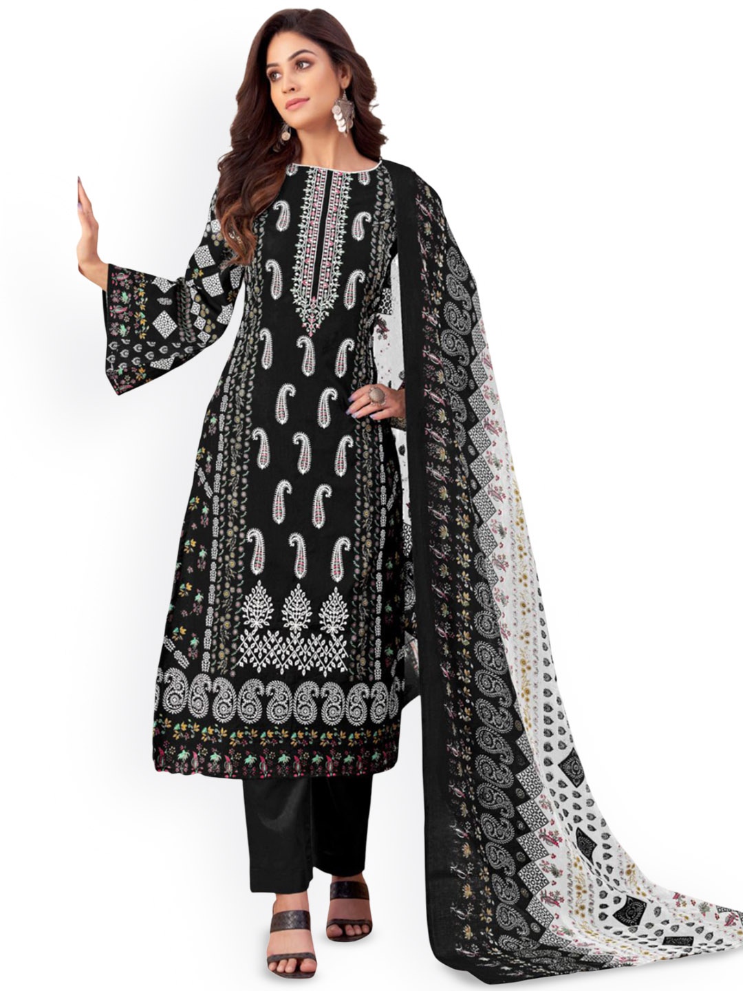 

DRAVINAM Trends Embroidered Pure Cotton Unstitched Dress Material, Black