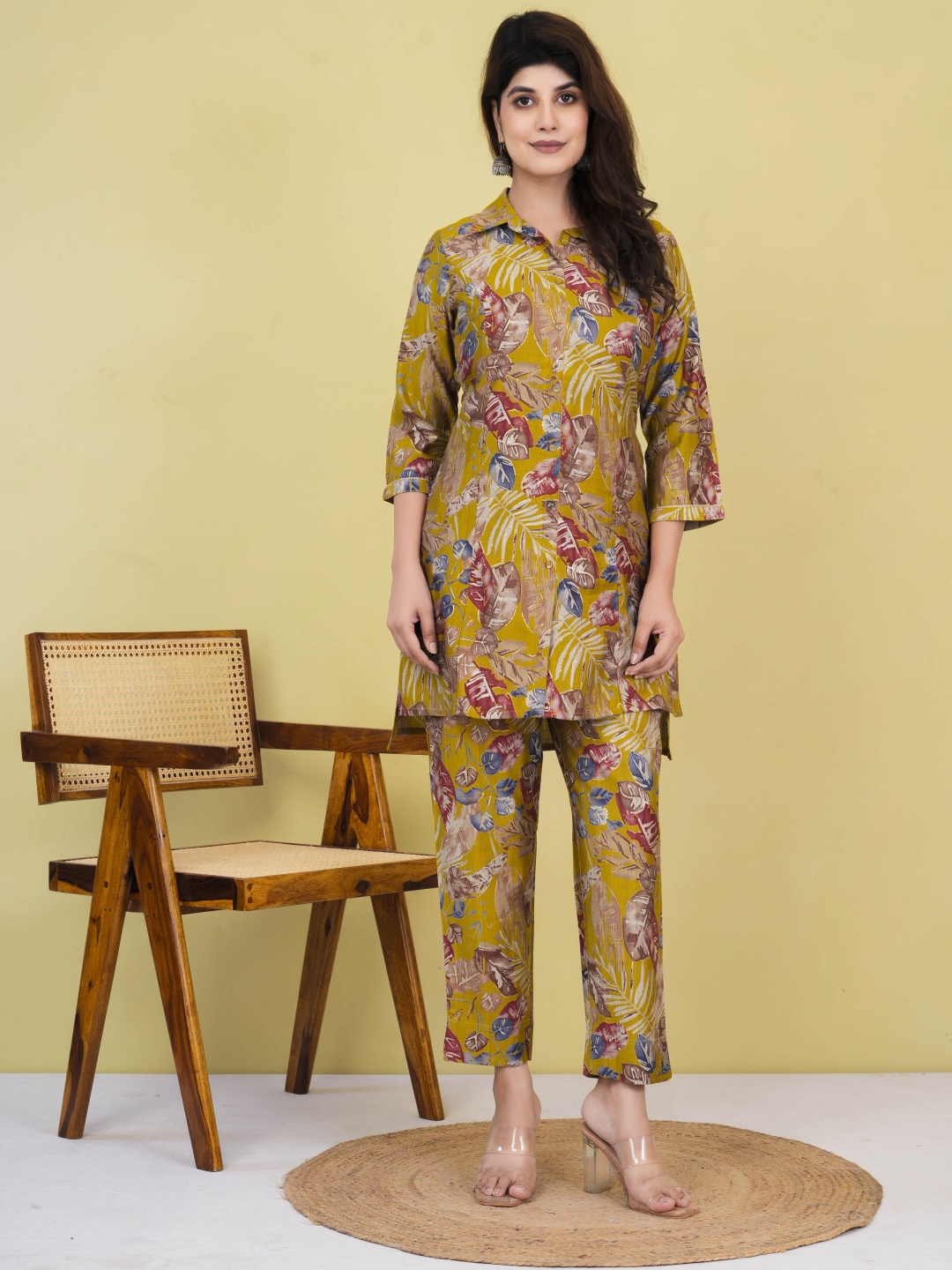

GATIM Printed Shirt Collar Neck Tunic With Trousers Co-Ords, Yellow