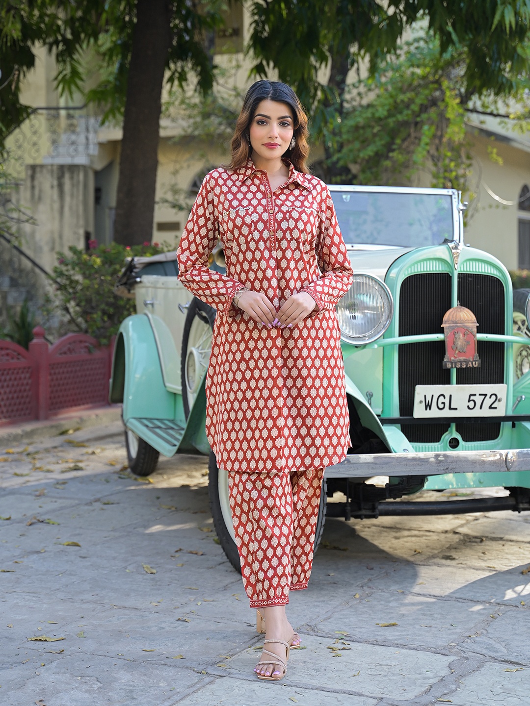 

Divena Ethnic Motifs Printed Pure Cotton Shirt Collared Kurta With Trouser, Maroon