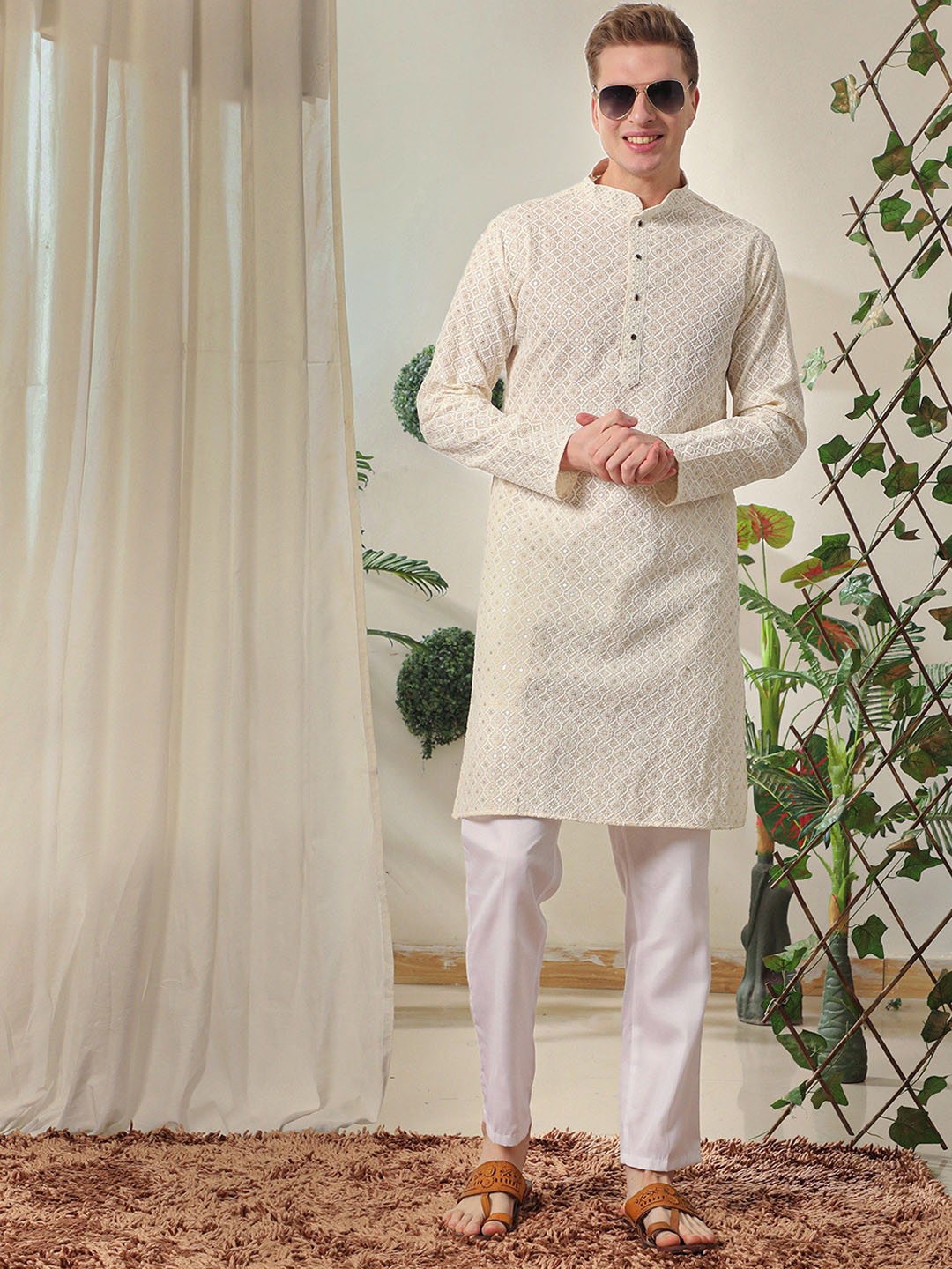 

Pro-Ethic STYLE DEVELOPER Men Floral Embroidered Angrakha Sequinned Pure Cotton Kurta with Pyjamas, Cream