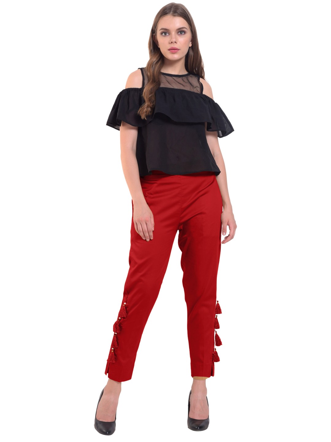 

FLOREOS Women Textured Comfort Easy Wash Trousers, Red
