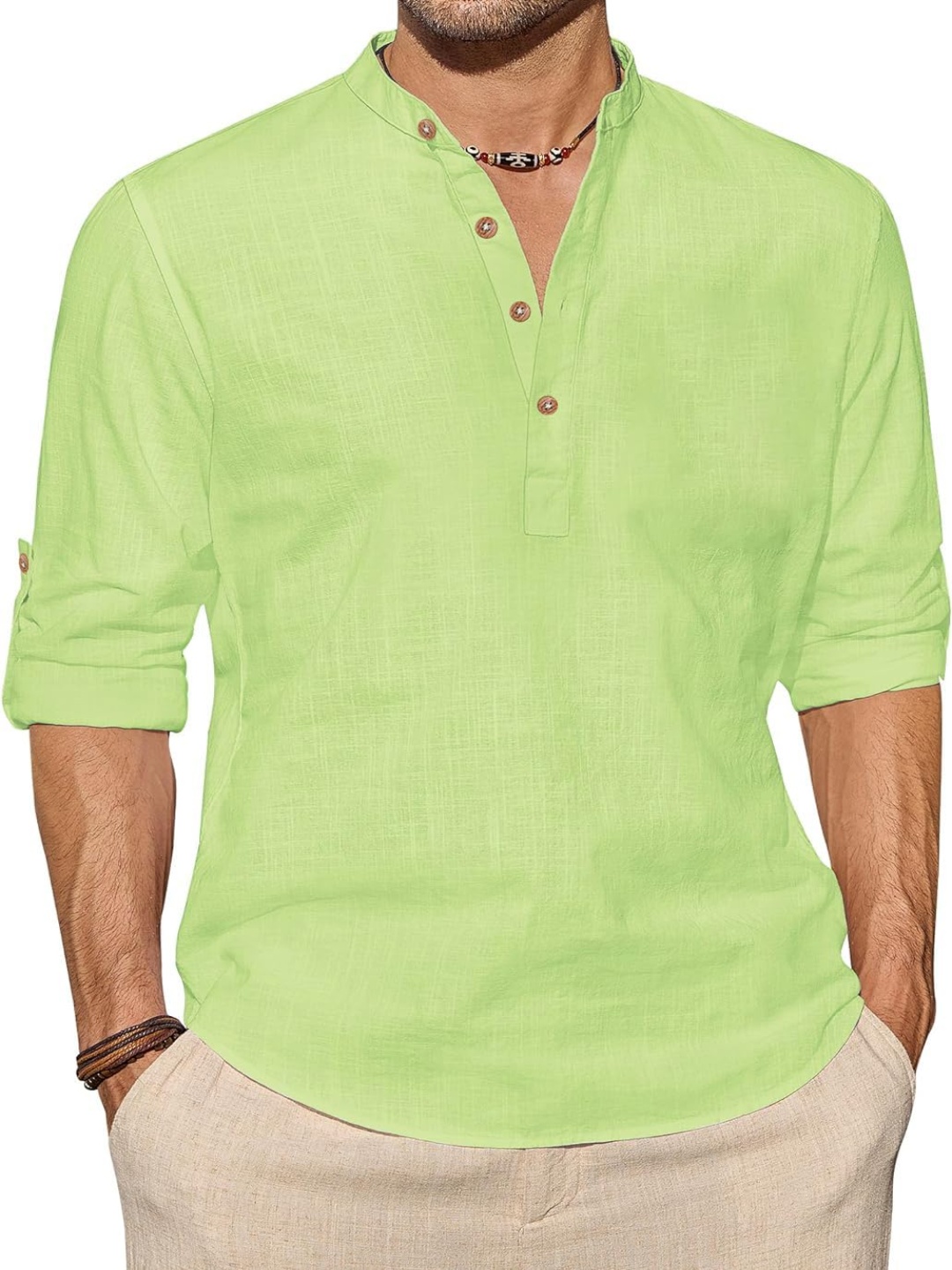 

EdinWolf Slim Fit Mandarin Collar Cotton Straight Short Kurta, Khaki