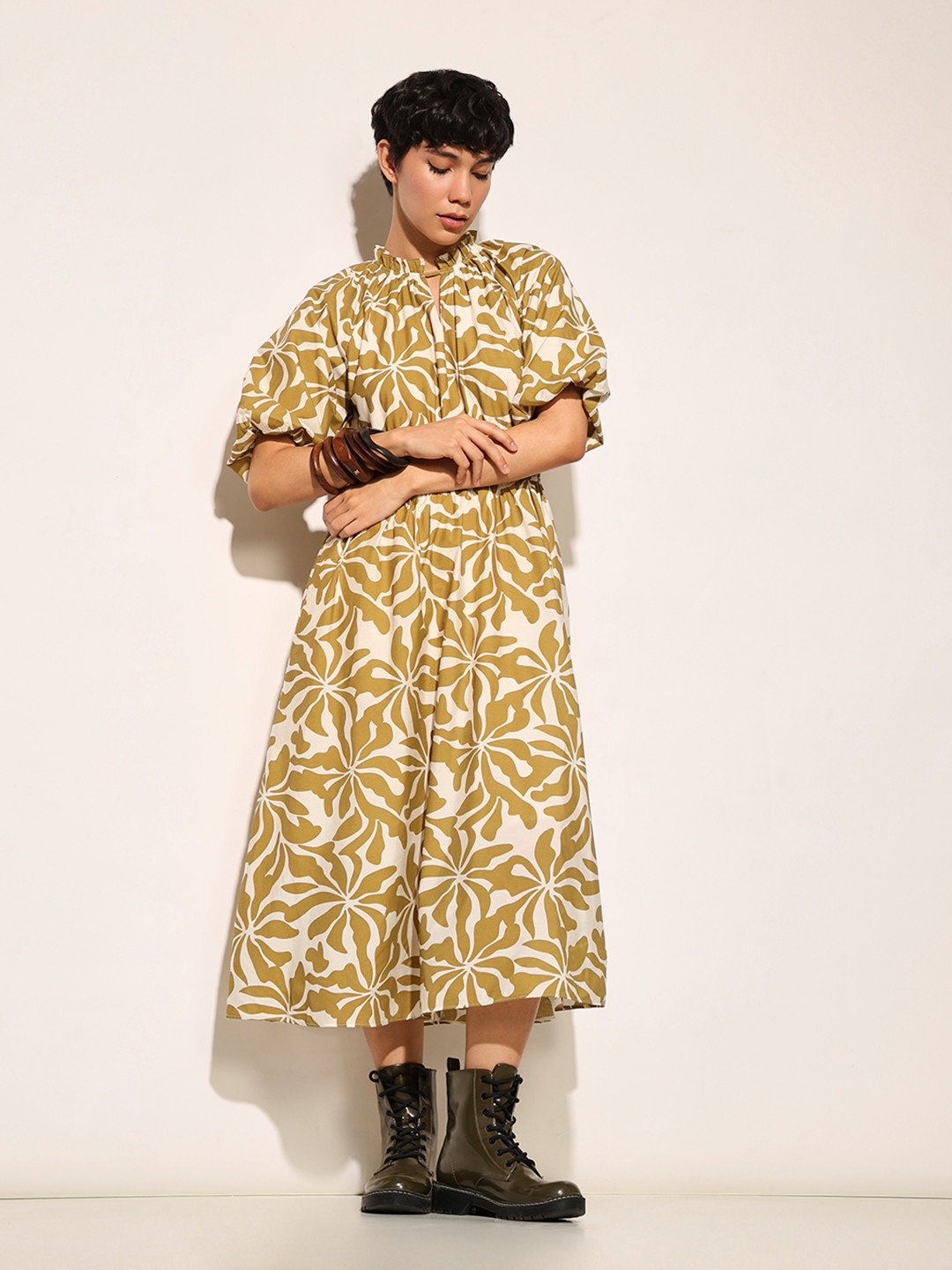 

ONLY Floral Print Tie-Up Neck Puff Sleeve Fit & Flare Midi Dress, Olive