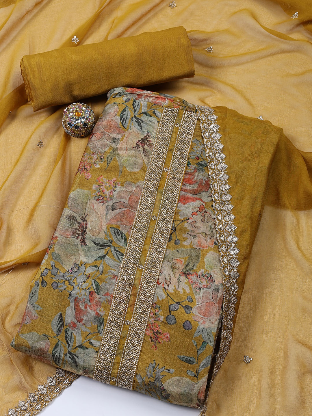 

Meena Bazaar Printed Unstitched Dress Material, Mustard